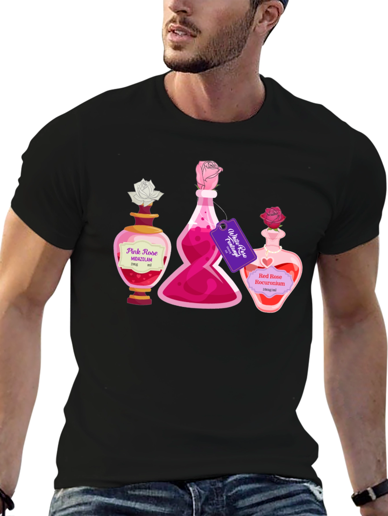 Black Potion Bottle Roses Graphic T-Shirt view 6