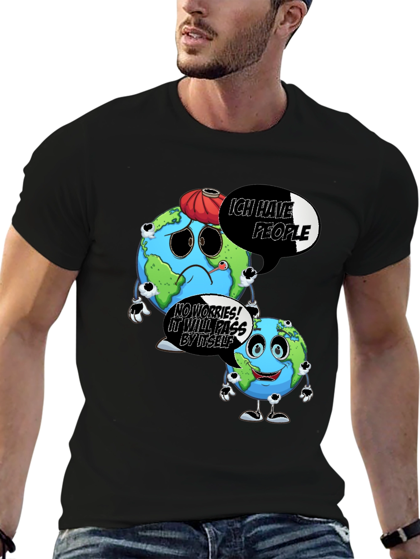 Black Cartoon Earth Graphic Black T-Shirt view 6