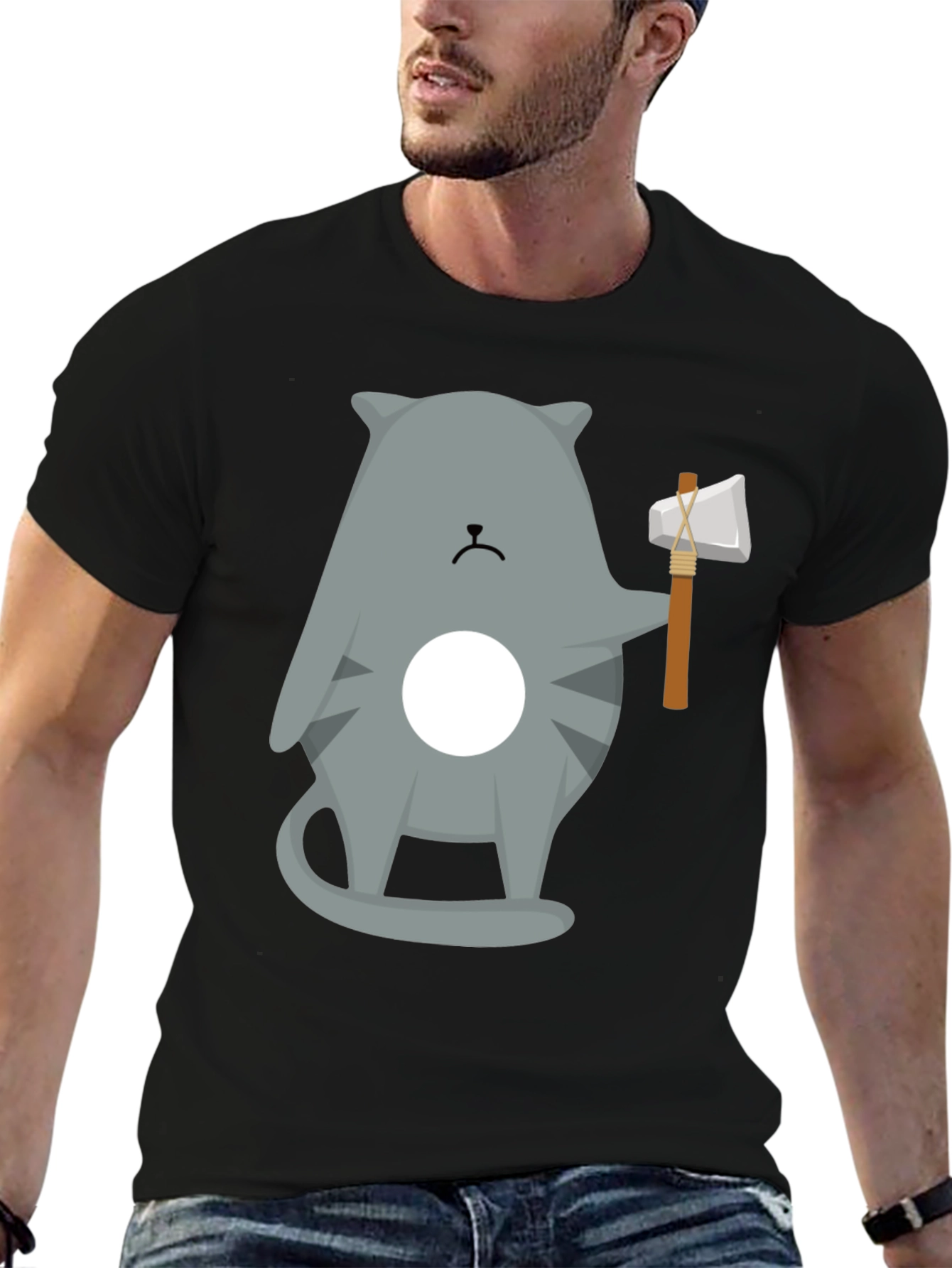 Black Cool Cat Axe T-Shirt - Funny Graphic Tee view 6