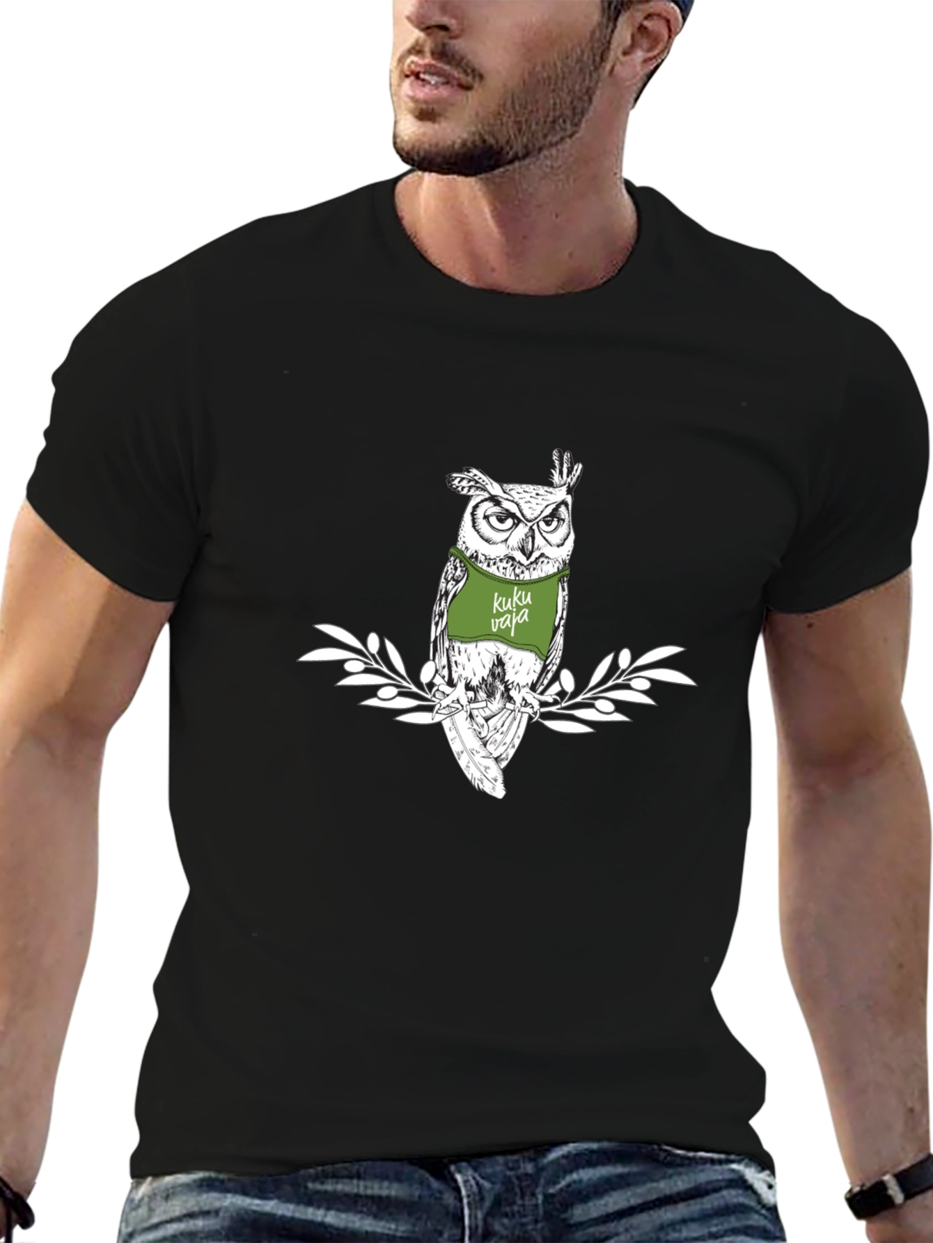 Black Cool Owl Tee: Kuku Vaja Graphic Print view 6