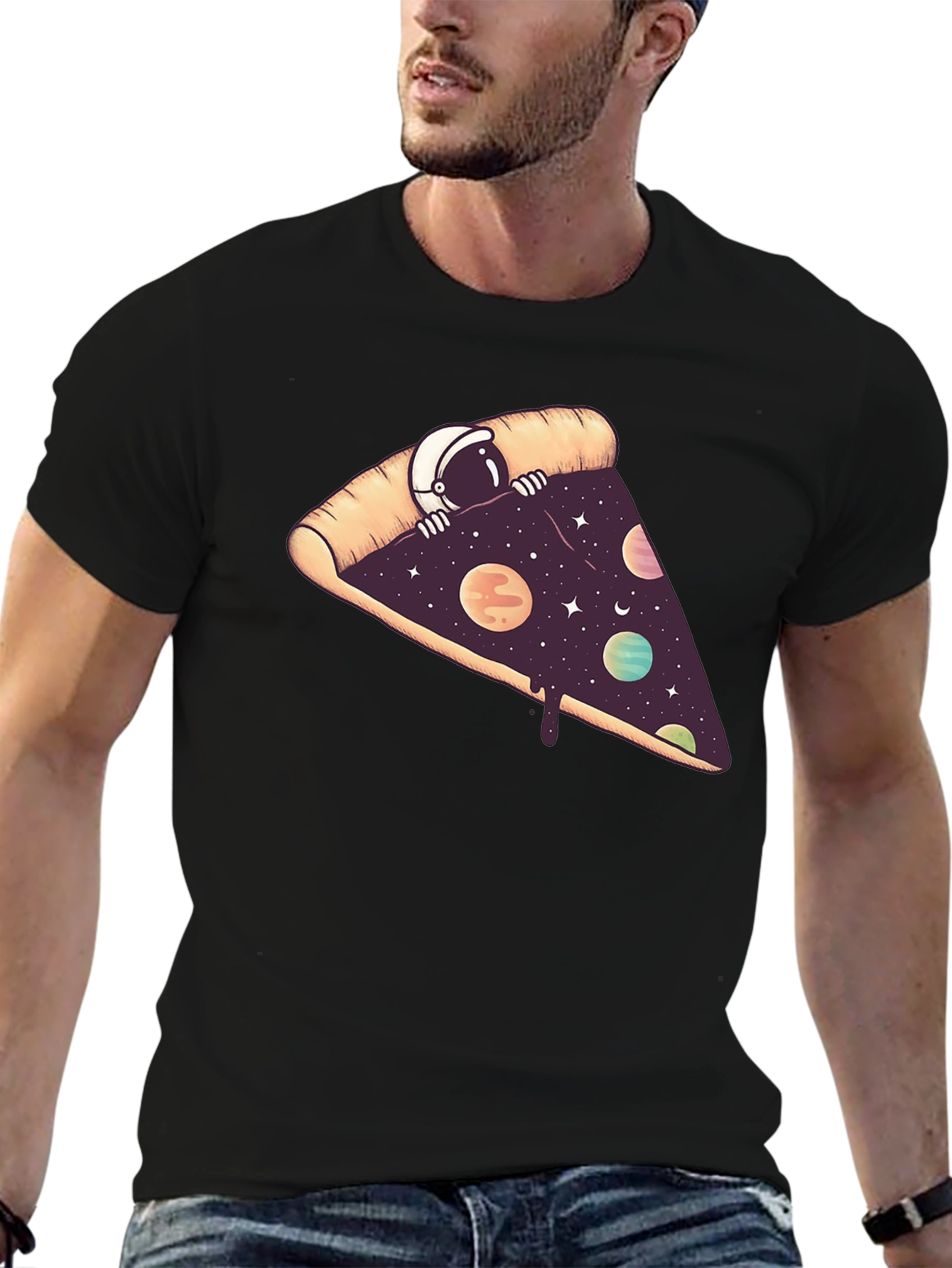 Black Cosmic Pizza T-Shirt - Space Astronaut Design view 6