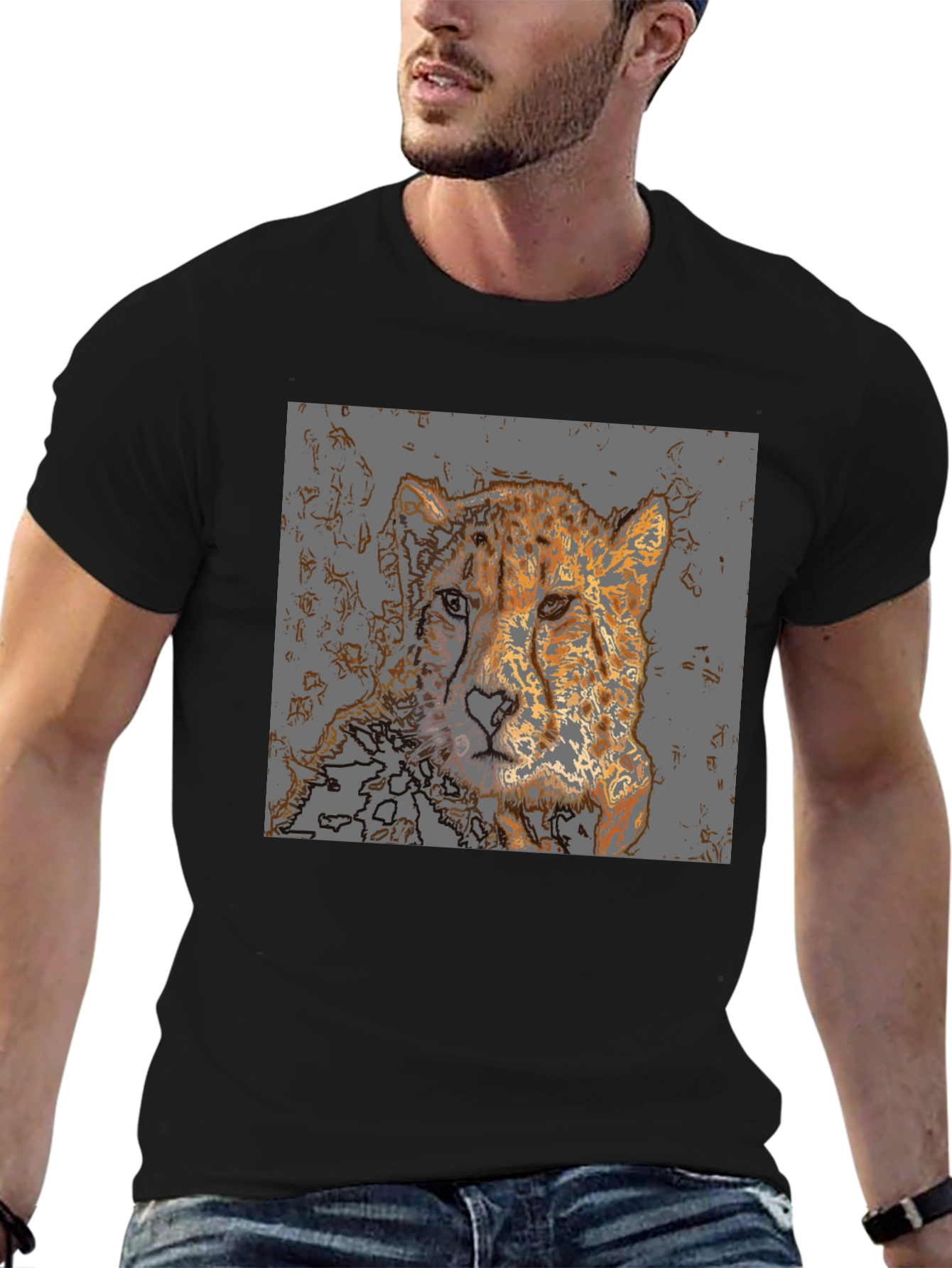 Black Cheetah Graphic Print T-Shirt - Men's Casual Tee view 6