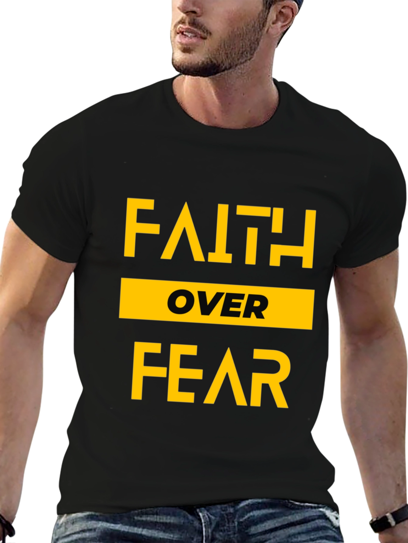 Black Faith Over Fear Graphic Print Crew Neck T-Shirt view 6