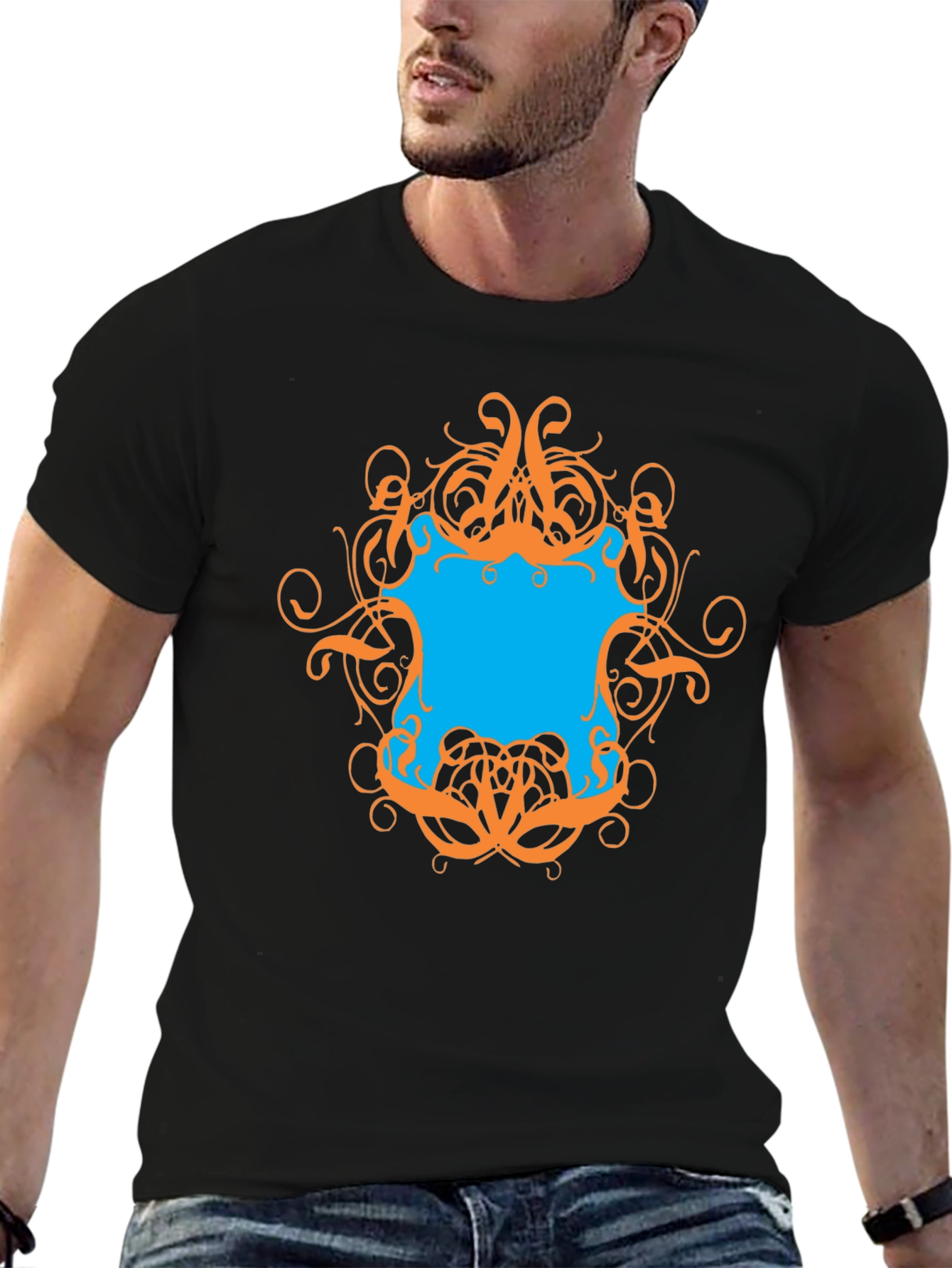 Black Graphic Tee - Black T-Shirt with Ornamental Design view 6