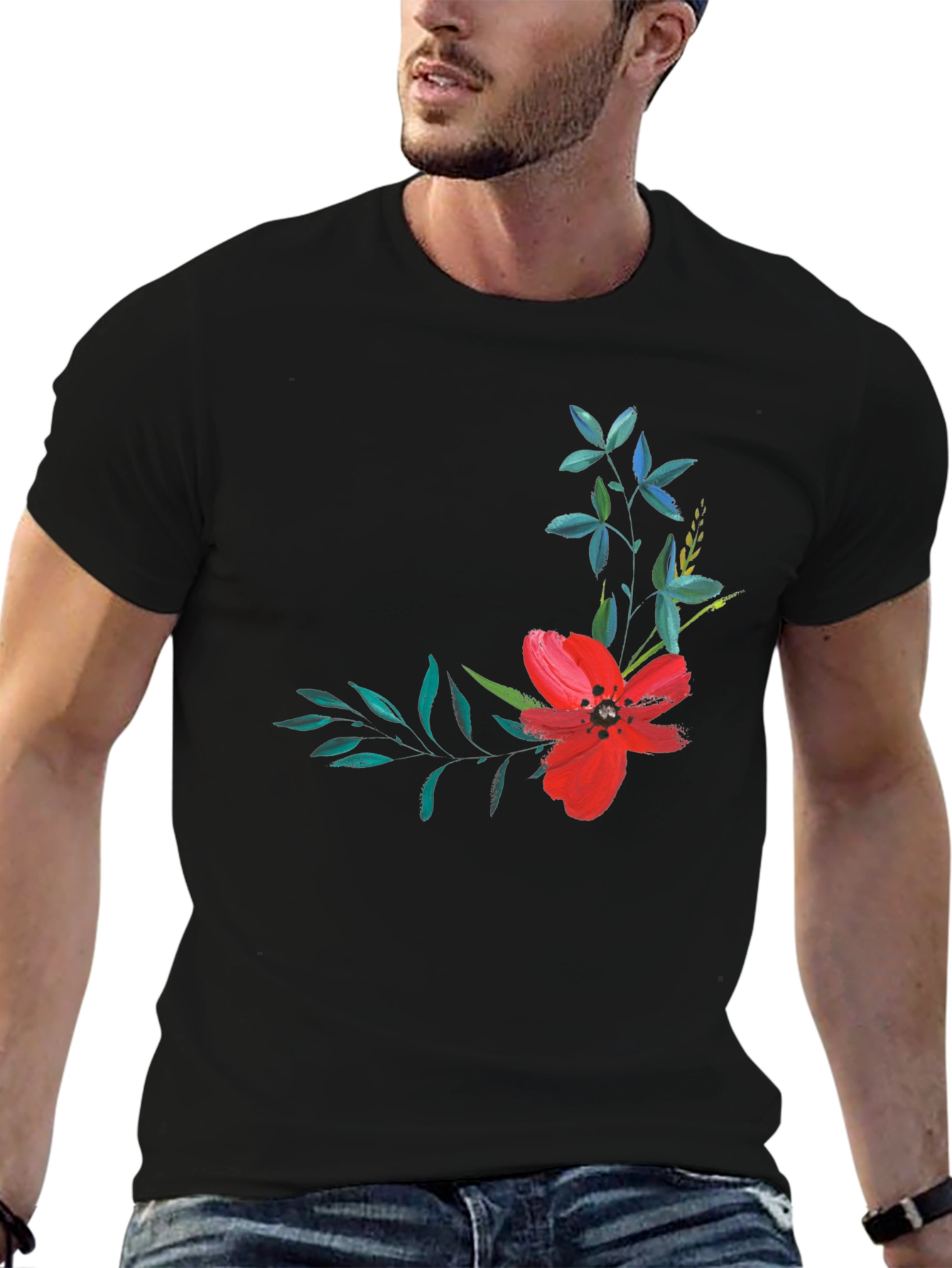 Black Floral Print T-Shirt - Modern Black Tee view 6