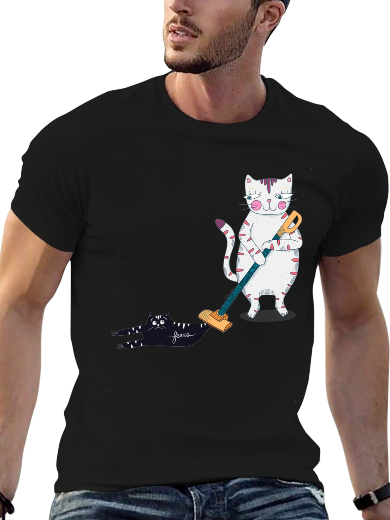 Black Funny Cat Vacuuming T-Shirt view 6