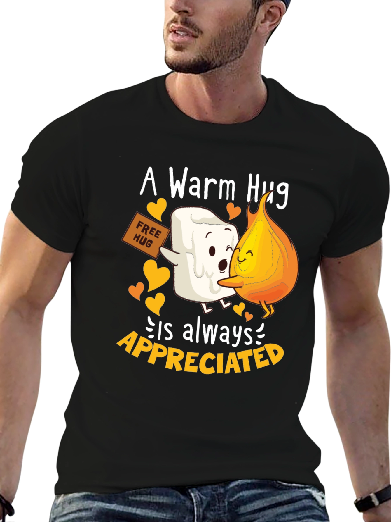 Black Warm Hug T-Shirt: Marshmallow and Flame Design view 6