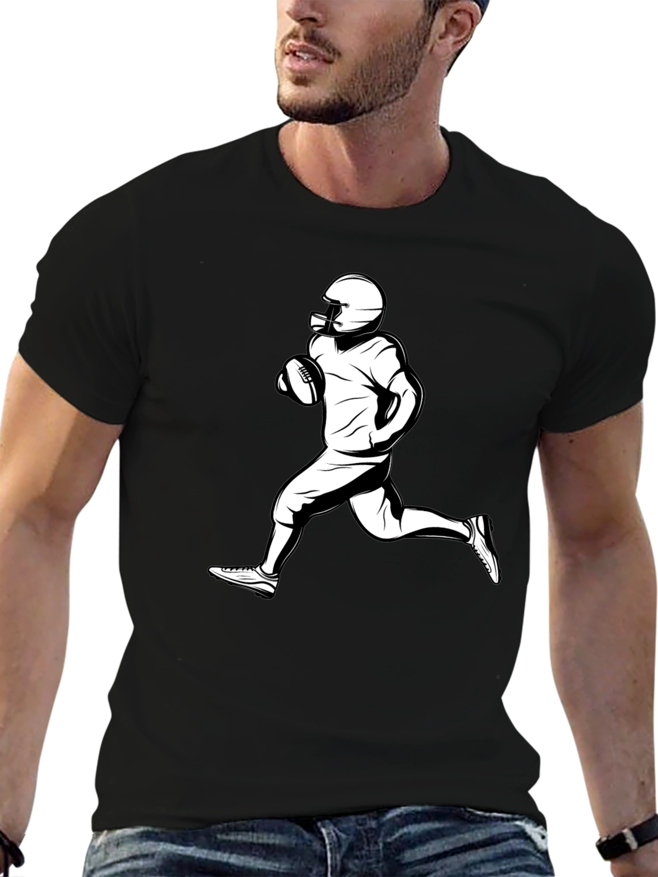 Black Football Player Graphic Tee - Black Cotton T-Shirt view 6