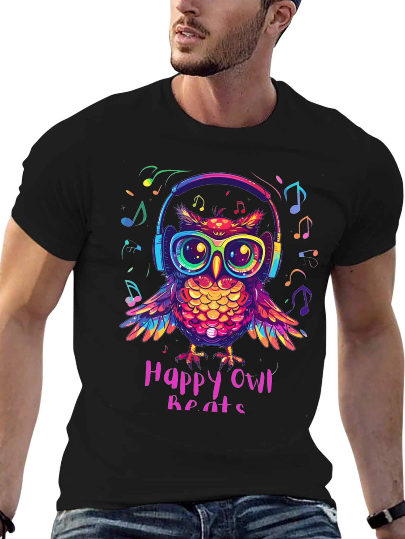 Black Happy Owl Beats T-Shirt - Colorful Music Lover Tee view 6