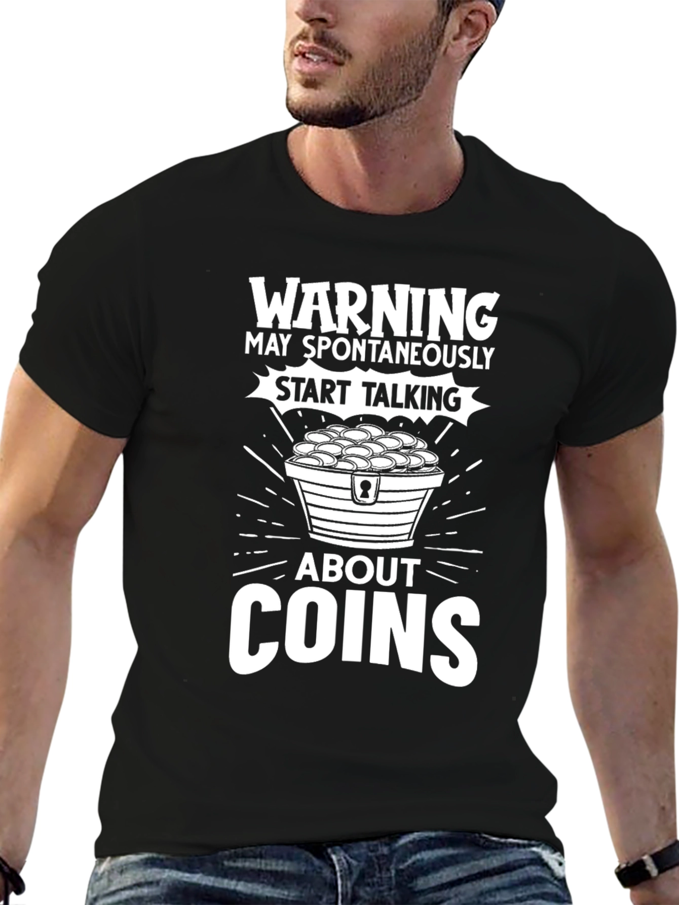 Black Warning: May Spontaneously Talk About Coins T-Shirt view 6