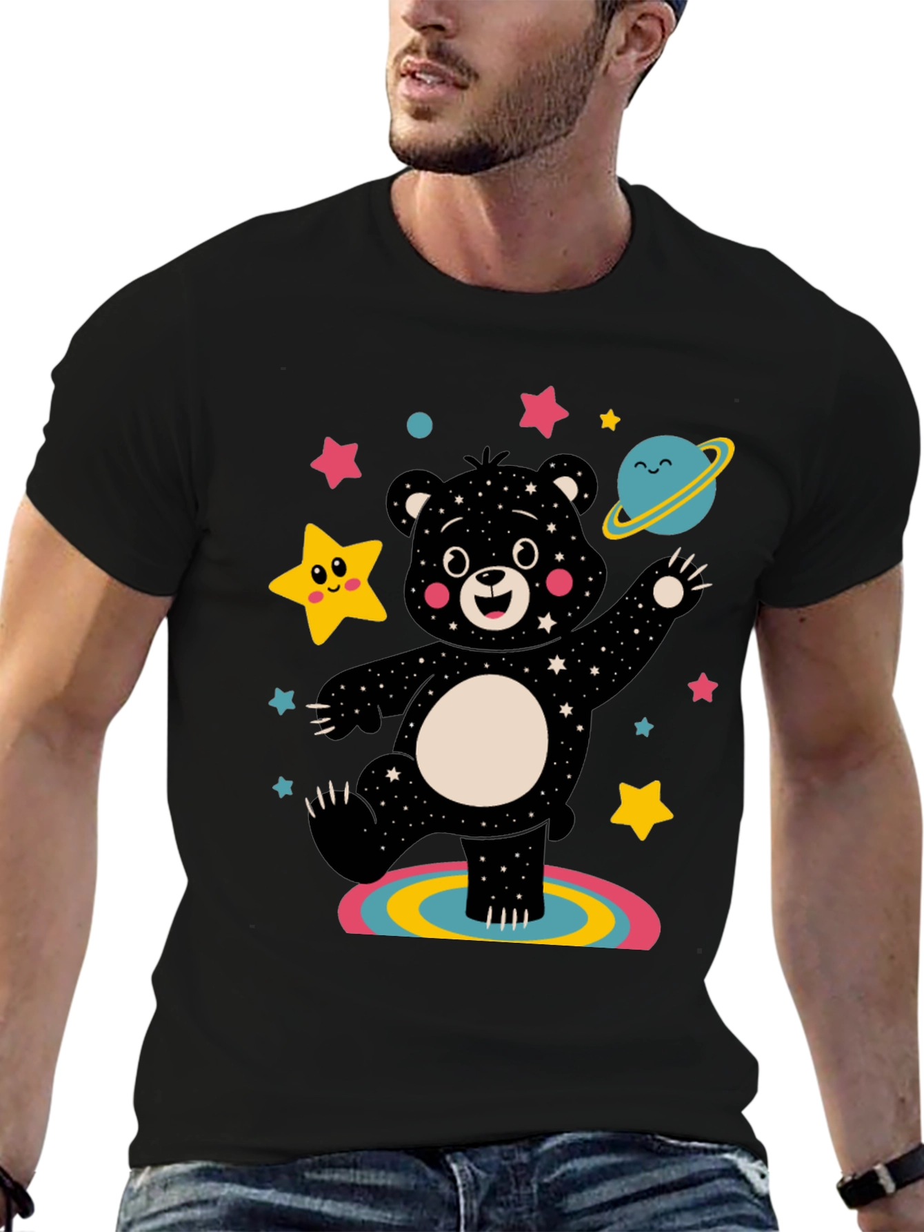 Black Cosmic Bear Graphic Tee - Black Unisex Shirt view 6