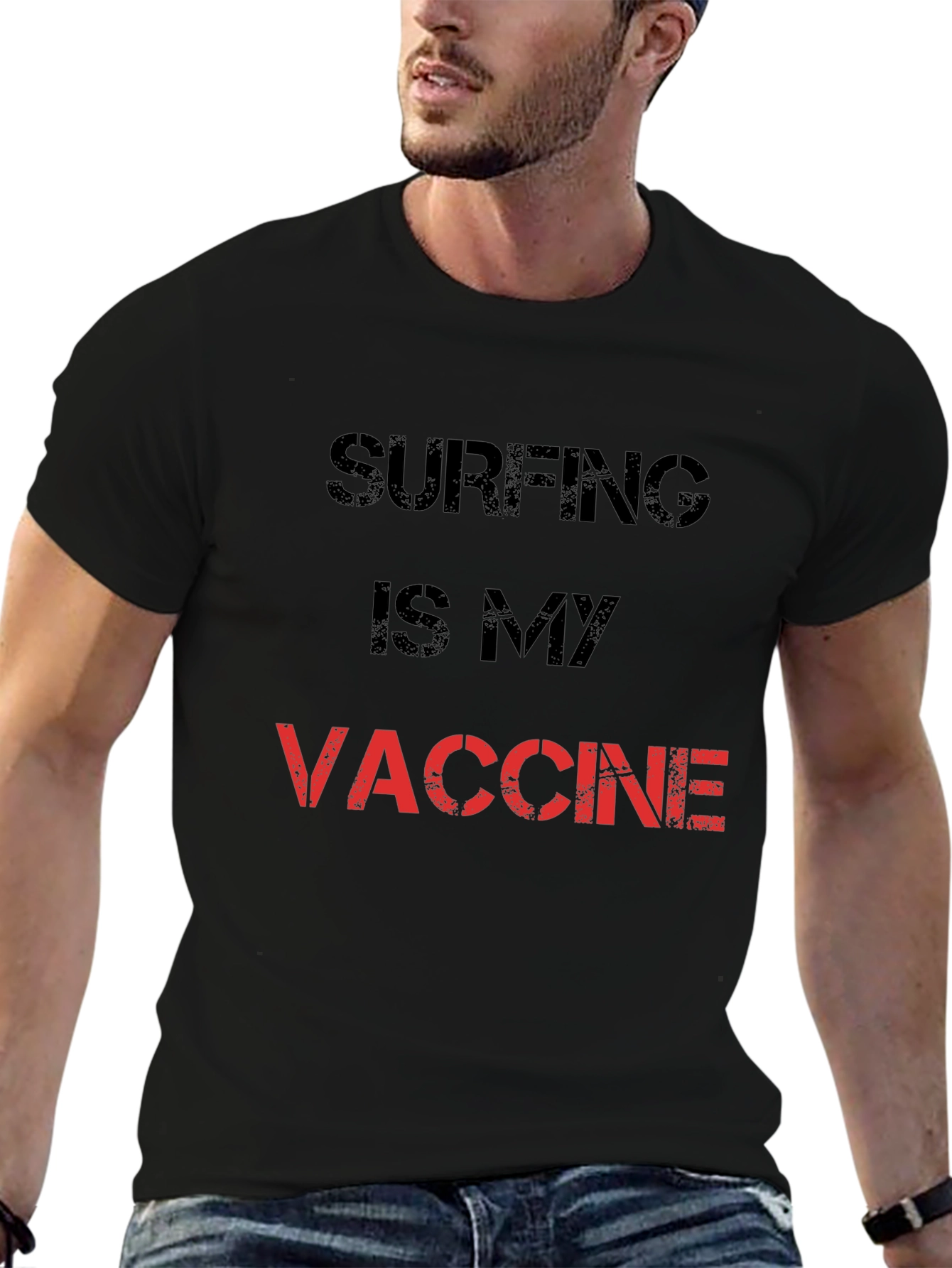 Black Surfing is My Vaccine T-Shirt - Black Cotton Tee view 6