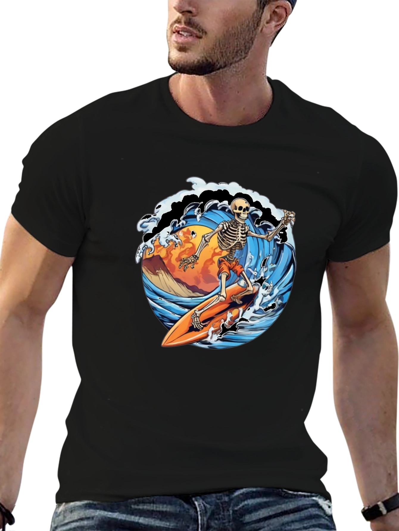 Black Skeleton Surfer Graphic Tee - Ride the Wave in Style! view 6