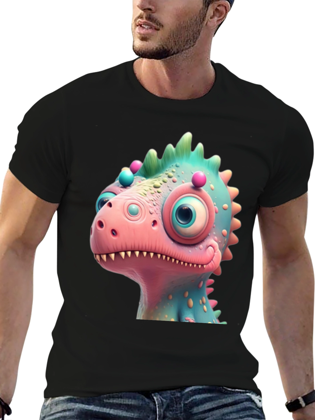 Black Cartoon Dinosaur Graphic Tee - Fun Black T-Shirt view 6
