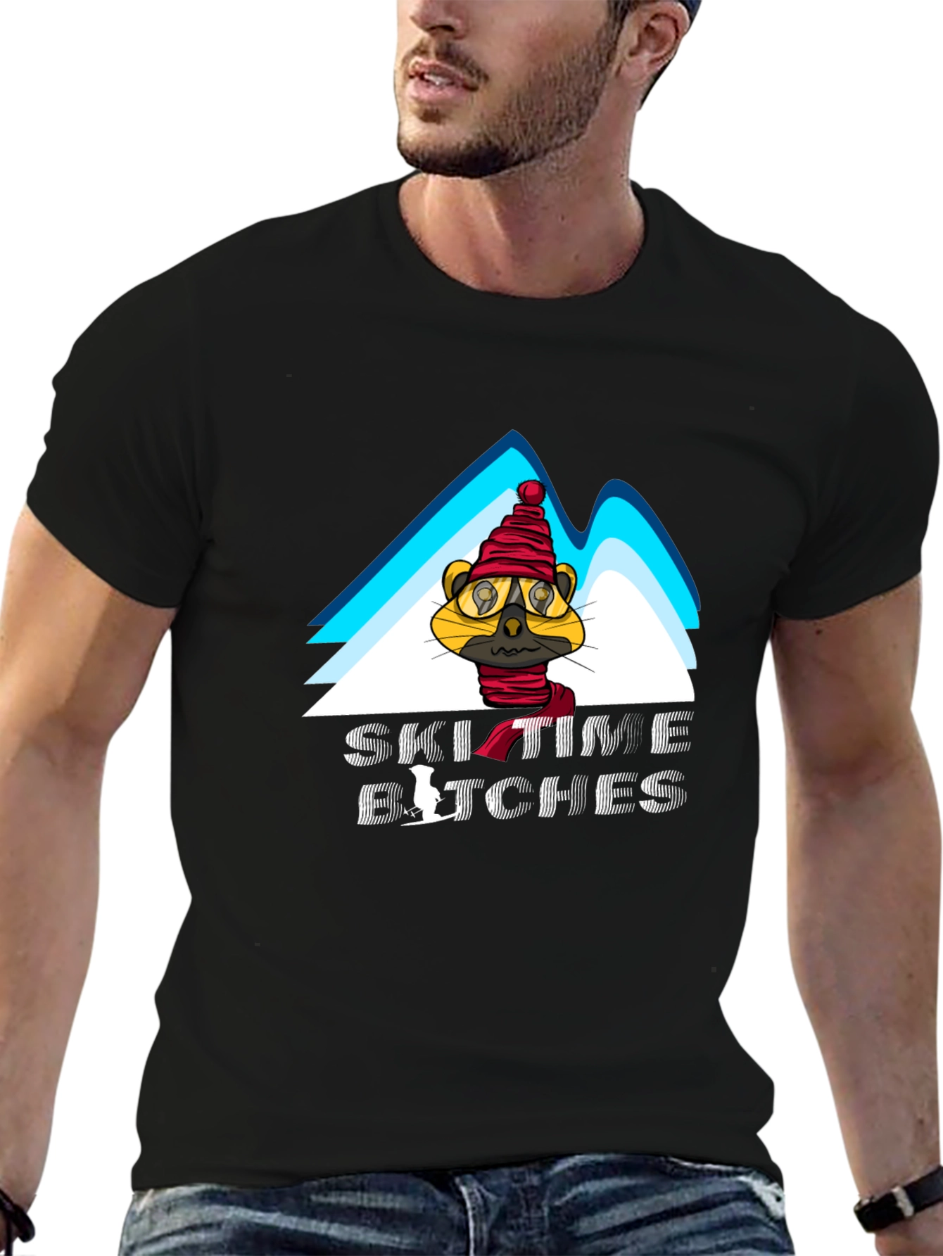 Black Ski Time Tee - Cartoon Animal Design view 6