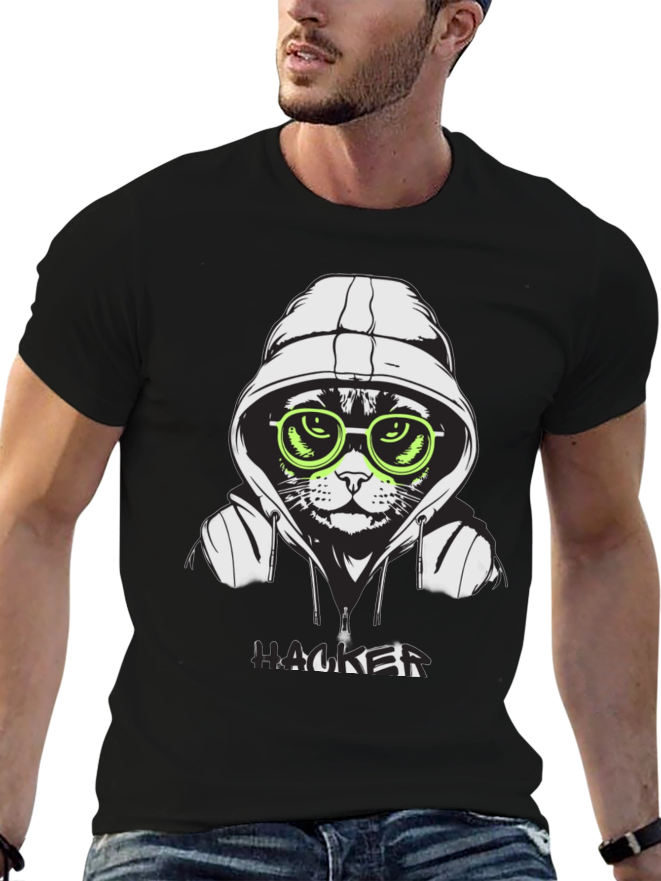 Black Hacker Cat T-Shirt - Cool Graphic Tee view 6