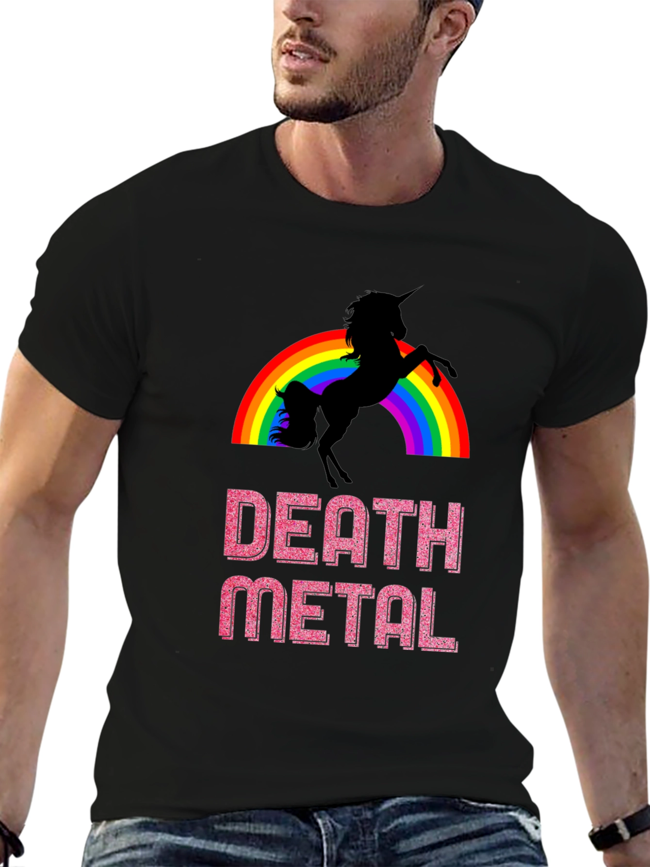 Black Death Metal Unicorn Rainbow Graphic Tee view 6