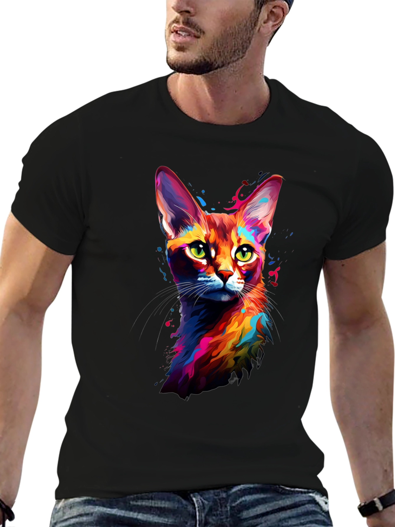 Black Vibrant Cat Art Black T-Shirt view 6