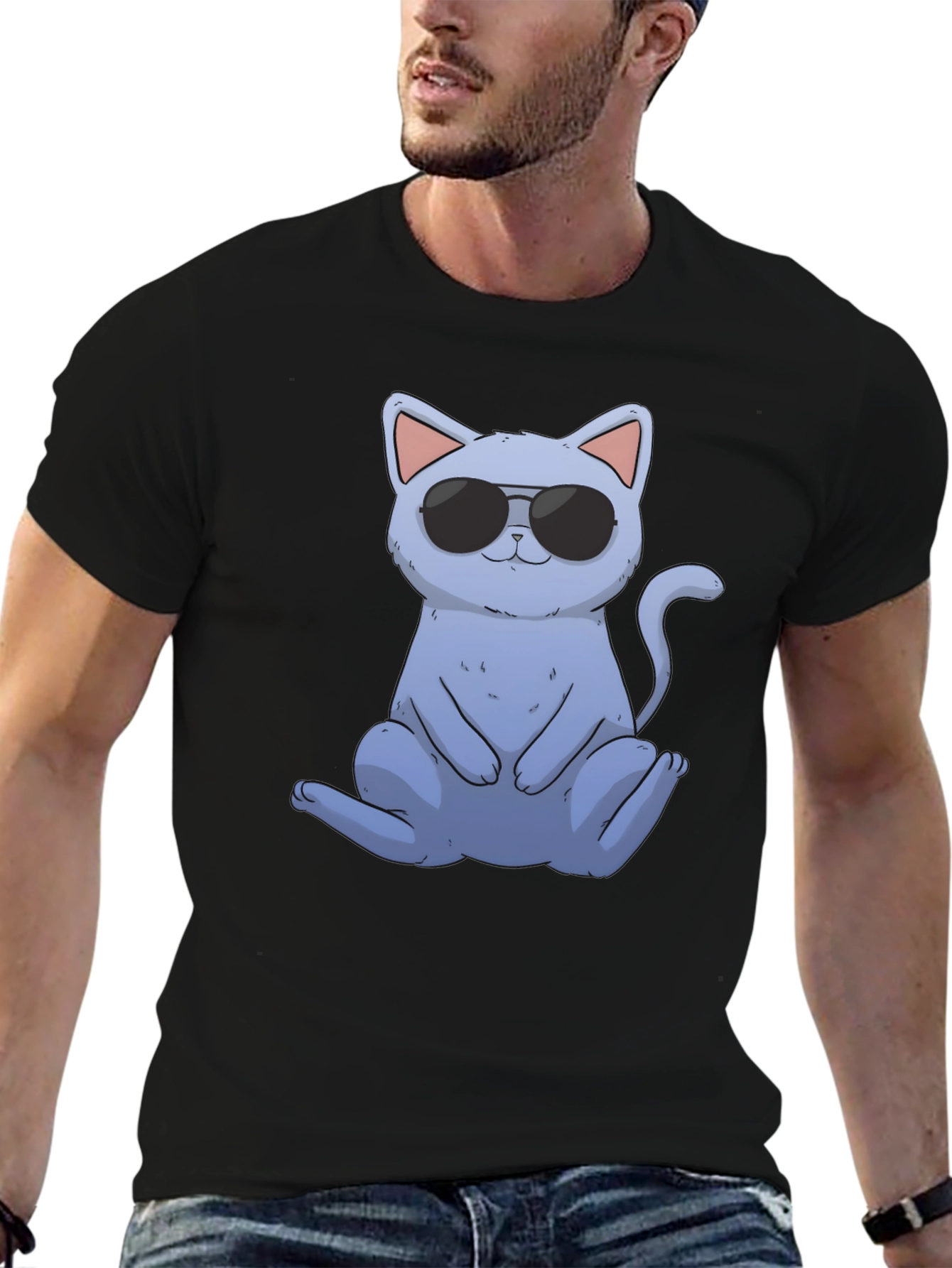 Black Cool Cat Graphic Tee - Black Casual T-Shirt view 6