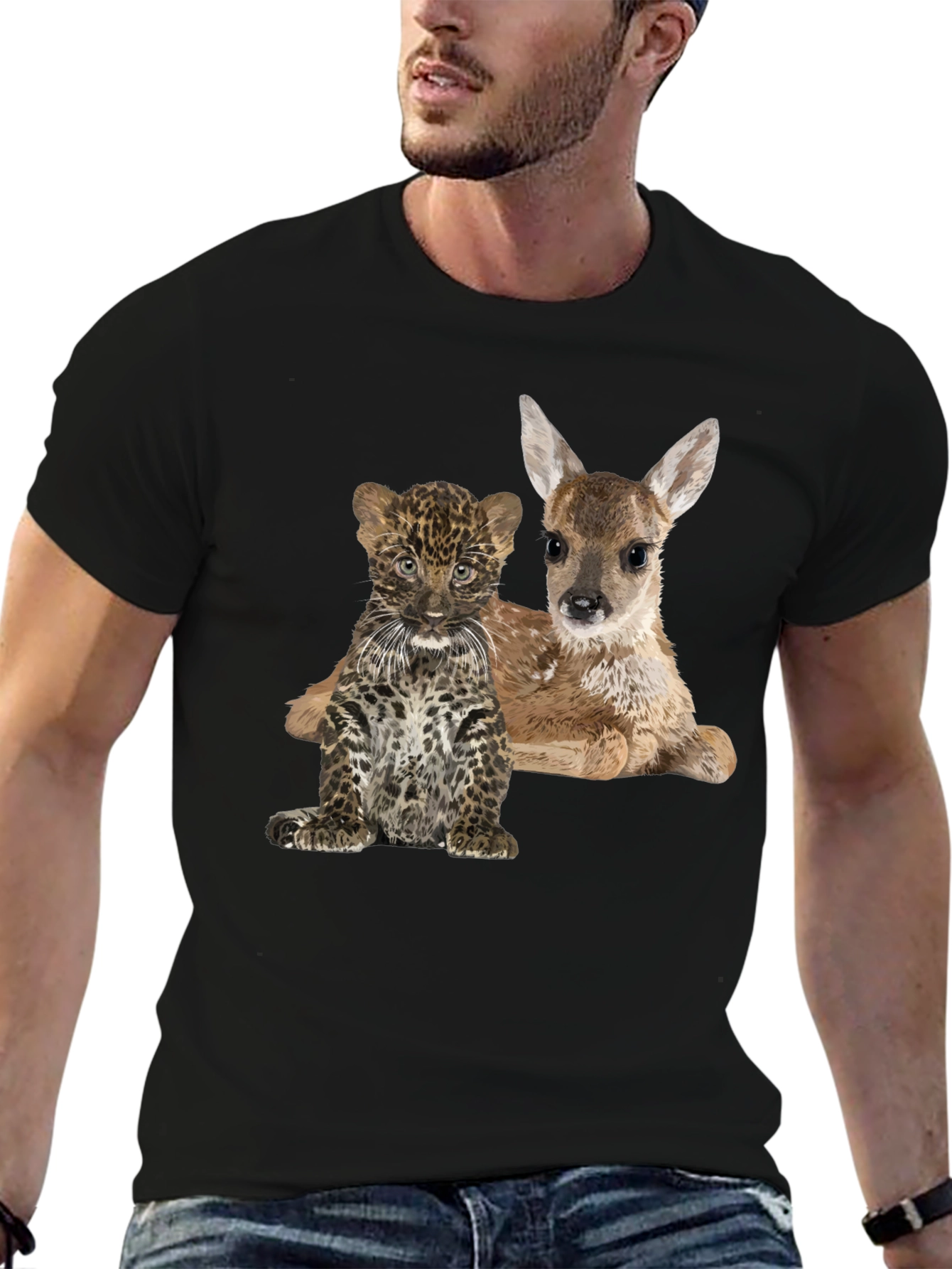 Black Cute Animal Graphic Tee - Deer and Leopard Cub view 6