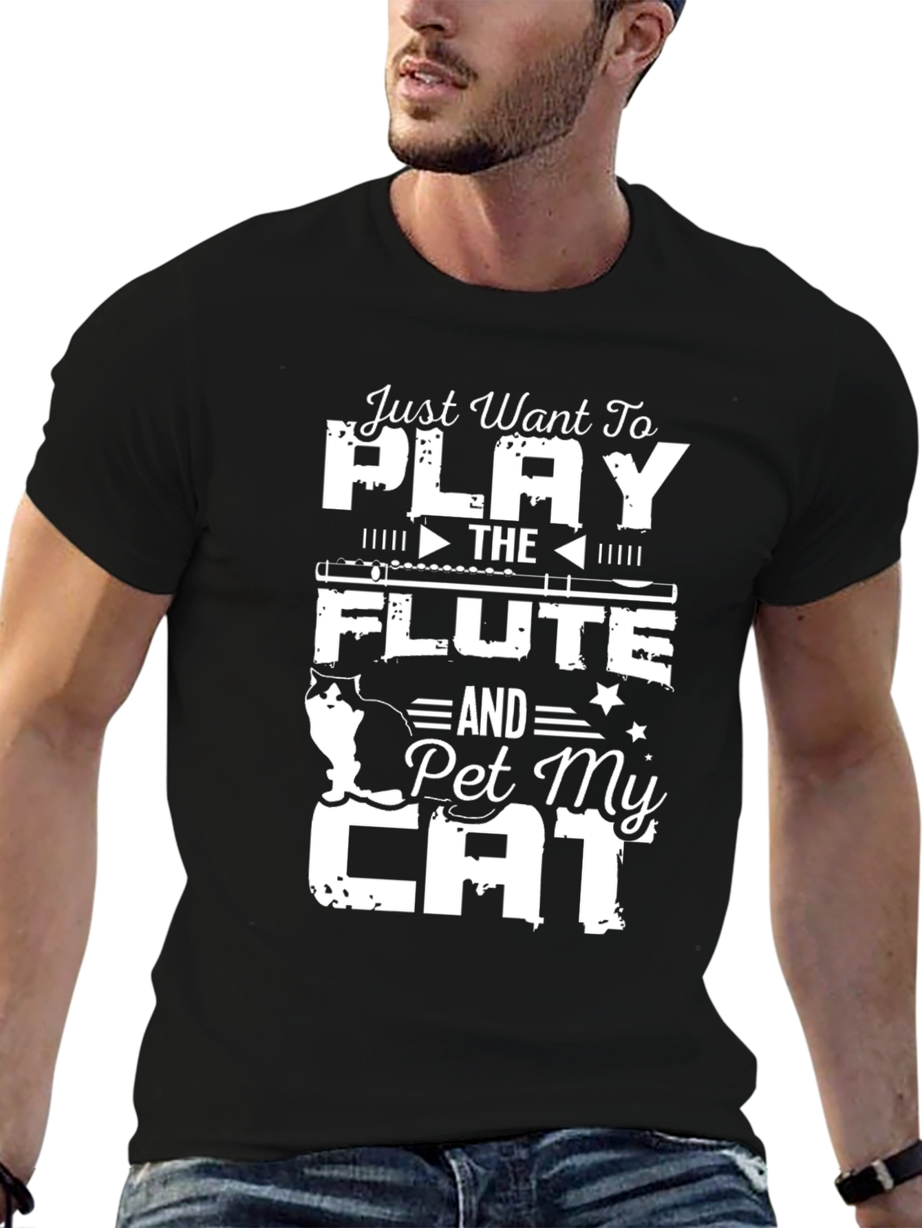 Play Flute & Pet Cat T-Shirt, Black - 6