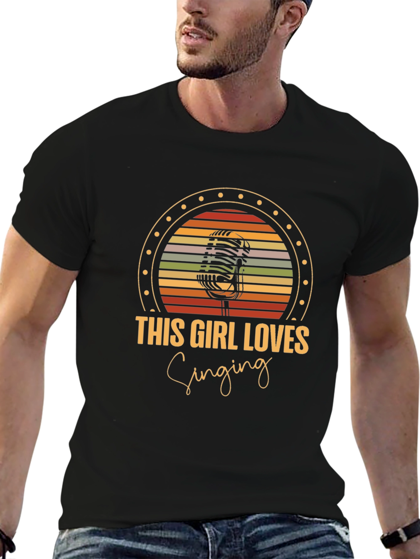 Black This Girl Loves Singing Retro Microphone Graphic T-Shirt view 6