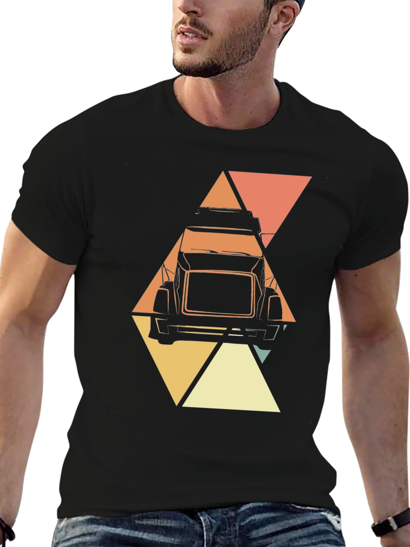 Black Retro Trucker T-Shirt - Geometric Design view 6