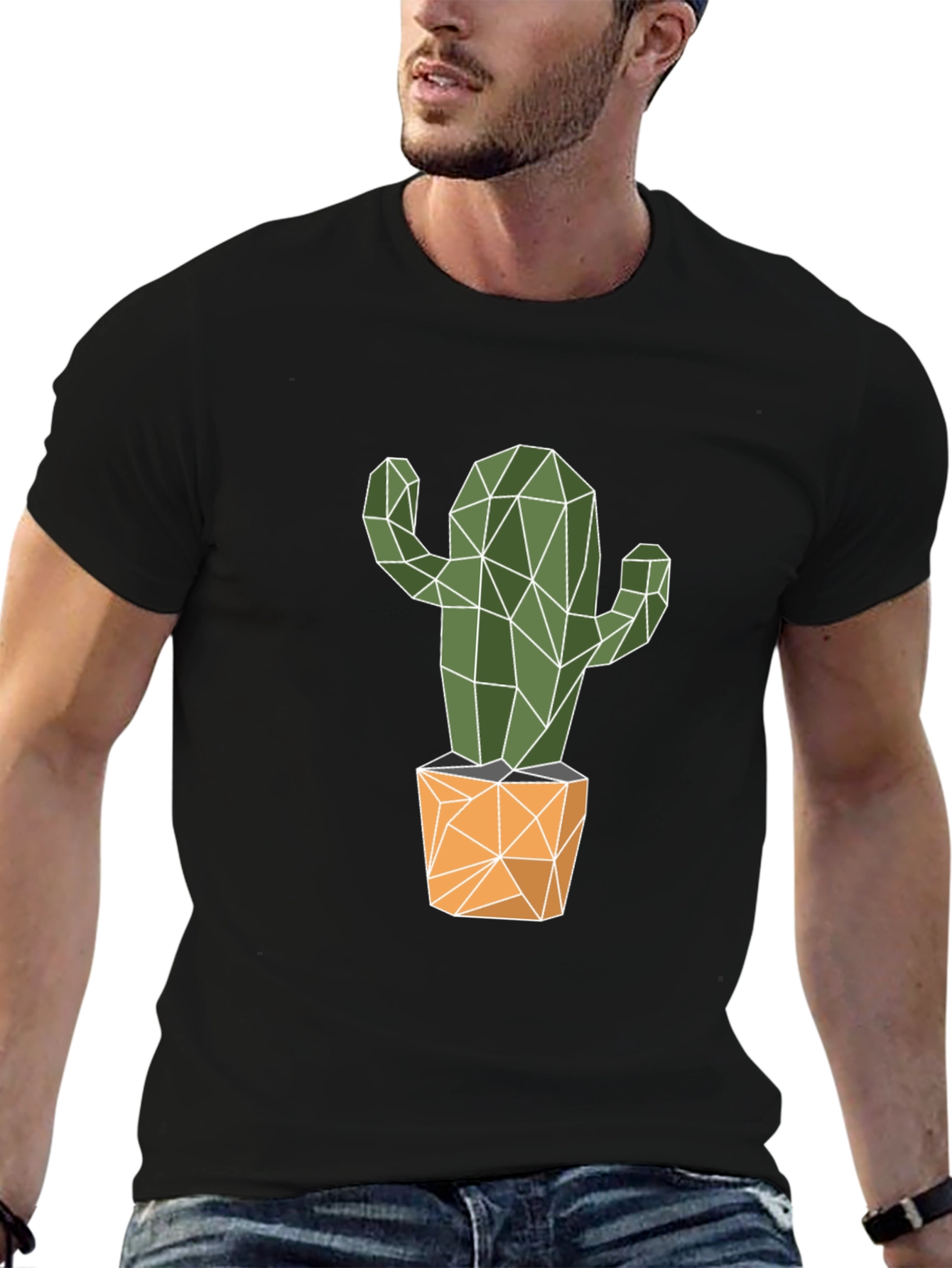 Black Geometric Cactus Graphic Tee - Stylish & Unique! view 6