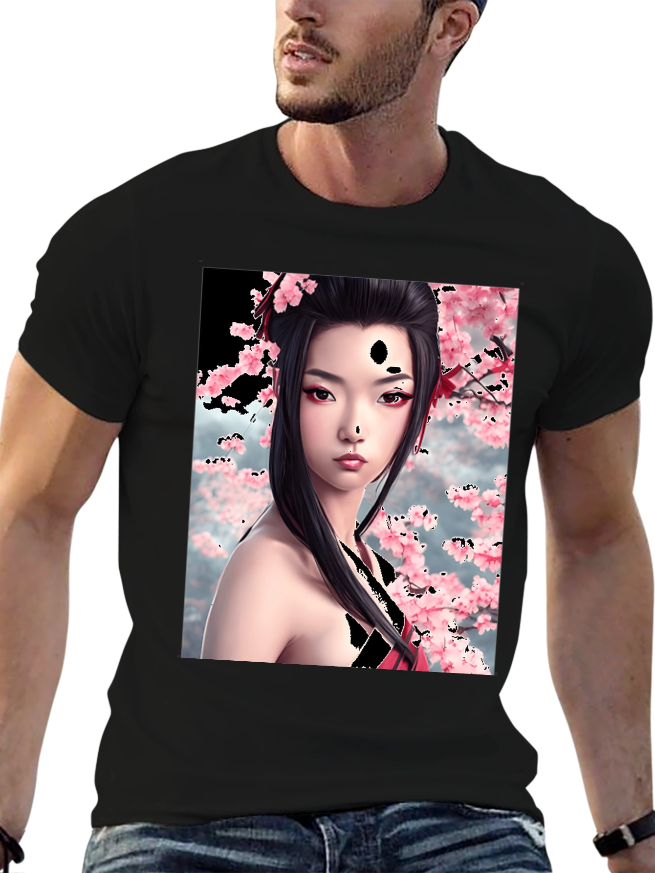 Black Geisha Cherry Blossom Graphic T-Shirt view 6