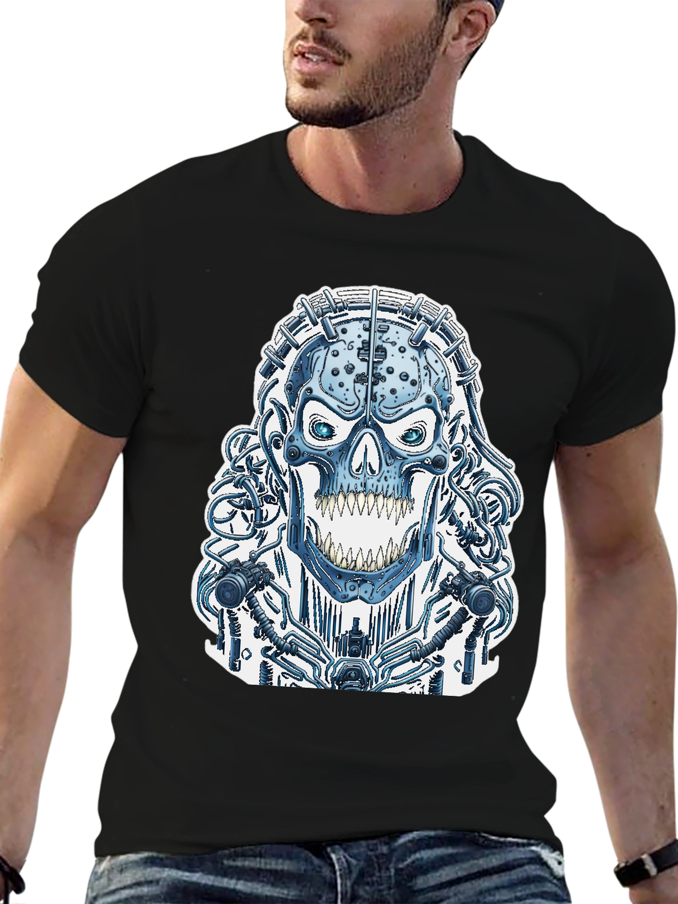 Black Cyberpunk Skull Graphic Tee - Black Cotton T-Shirt view 6