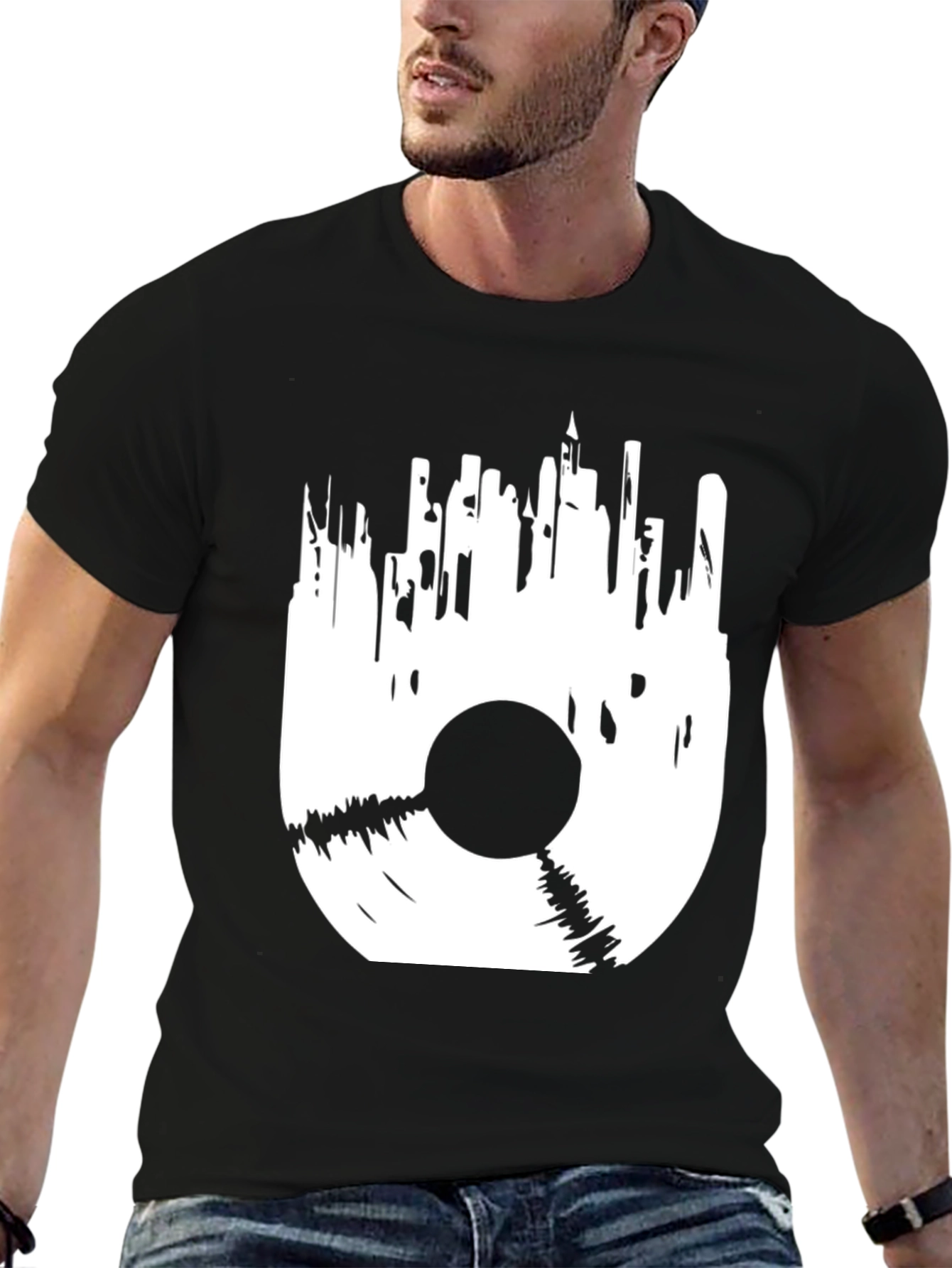 Black Vinyl Cityscape Graphic Tee - Black Cotton Blend view 6