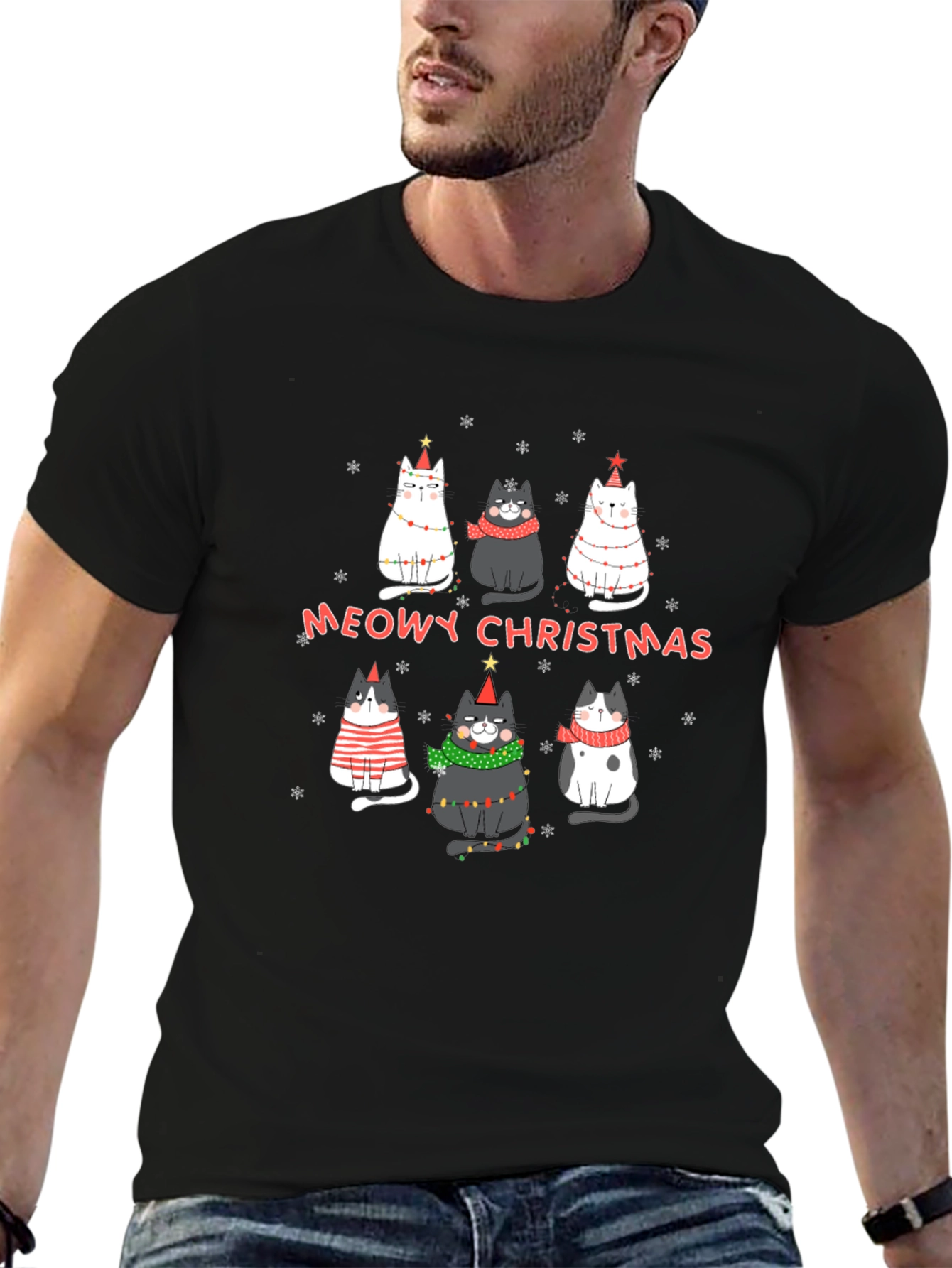 Black Meowy Christmas Cats Graphic T-Shirt view 6