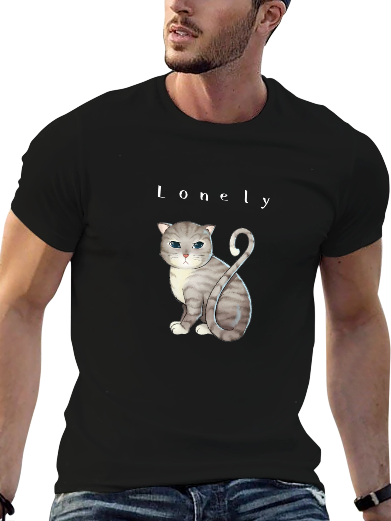 Black Lonely Cat Graphic T-Shirt - Soft Cotton Blend view 6