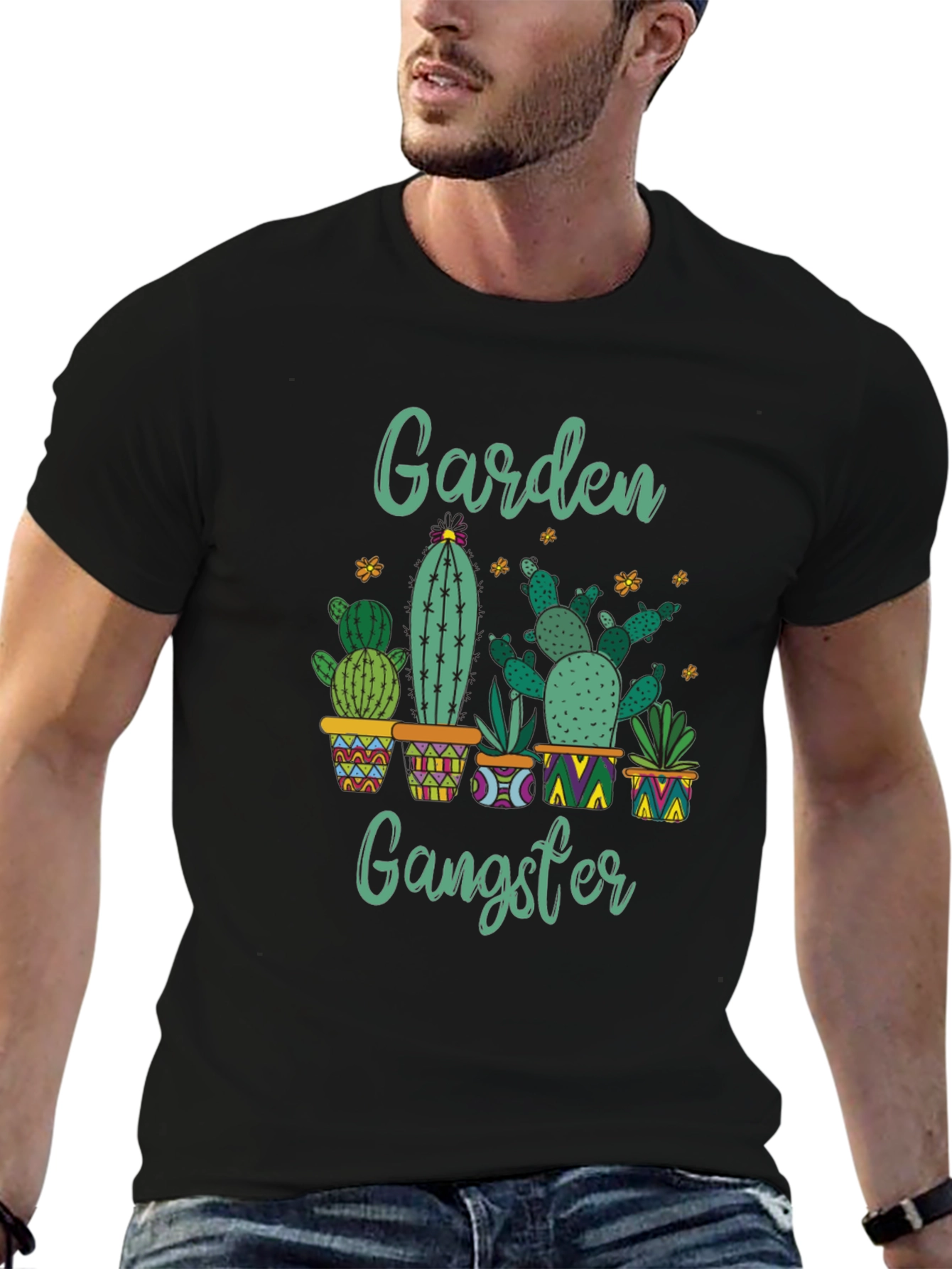 Black Garden Gangster Cactus T-Shirt - Quirky Plant Lover Tee view 6