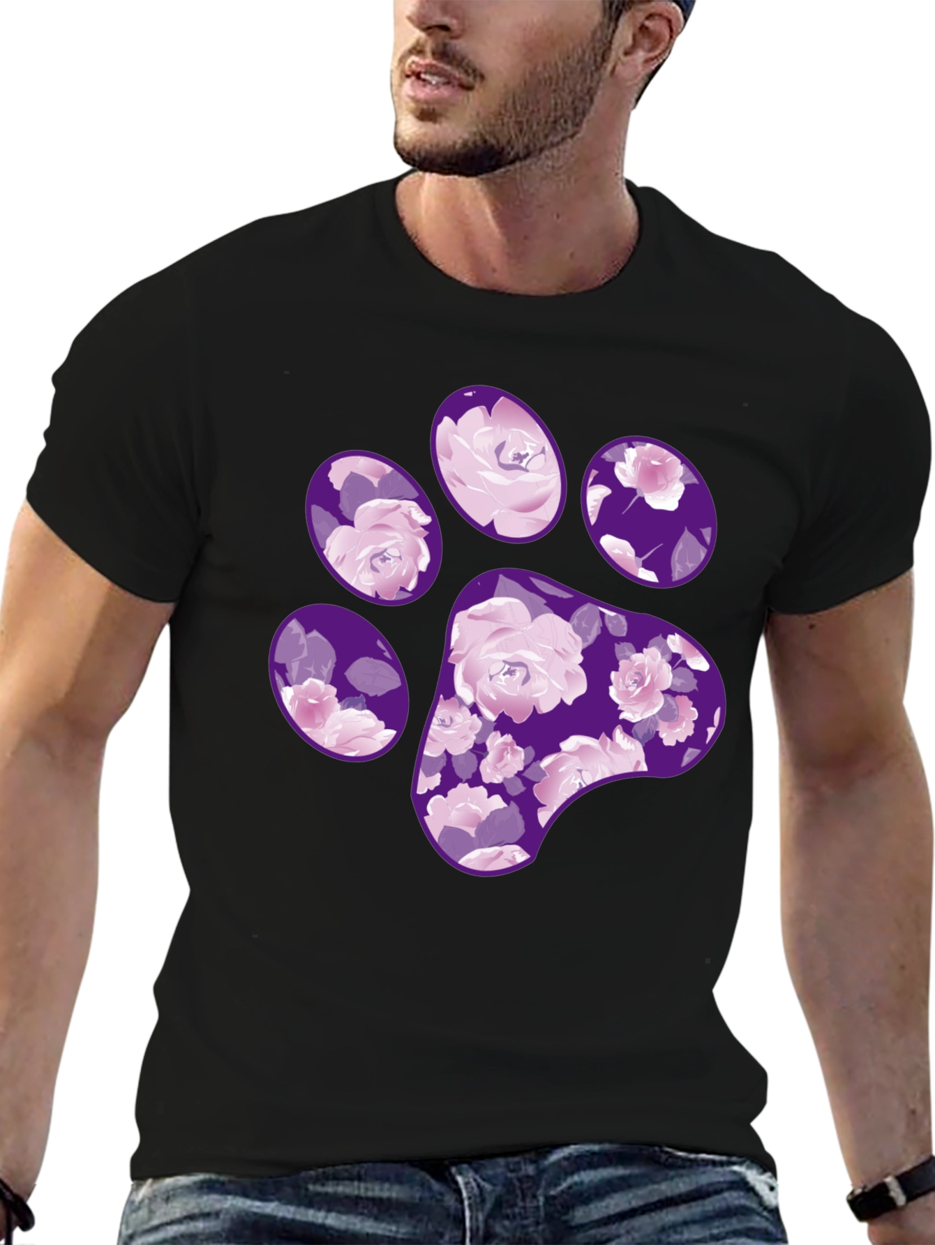 Black Floral Paw Print T-Shirt - Black Casual Tee view 6