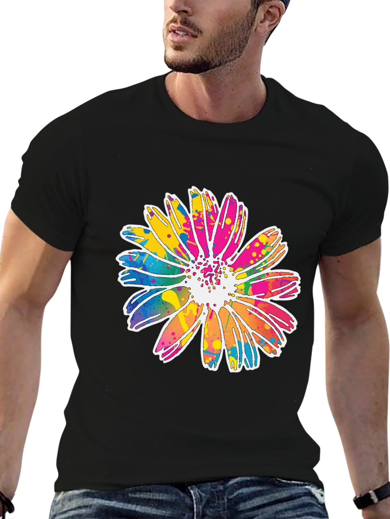 Black Colorful Daisy Graphic Tee - Soft Cotton Blend view 6