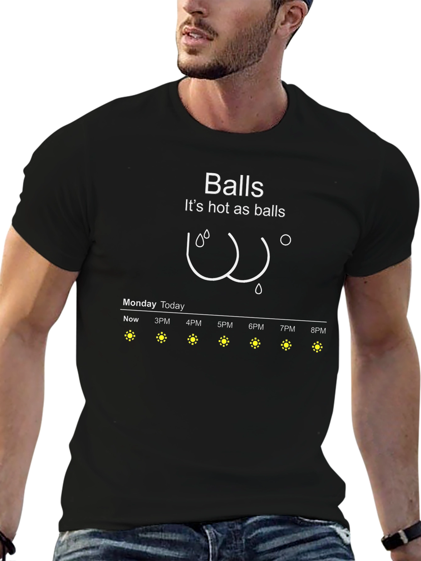 Black Humorous "Hot as Balls" Weather Forecast T-Shirt view 6