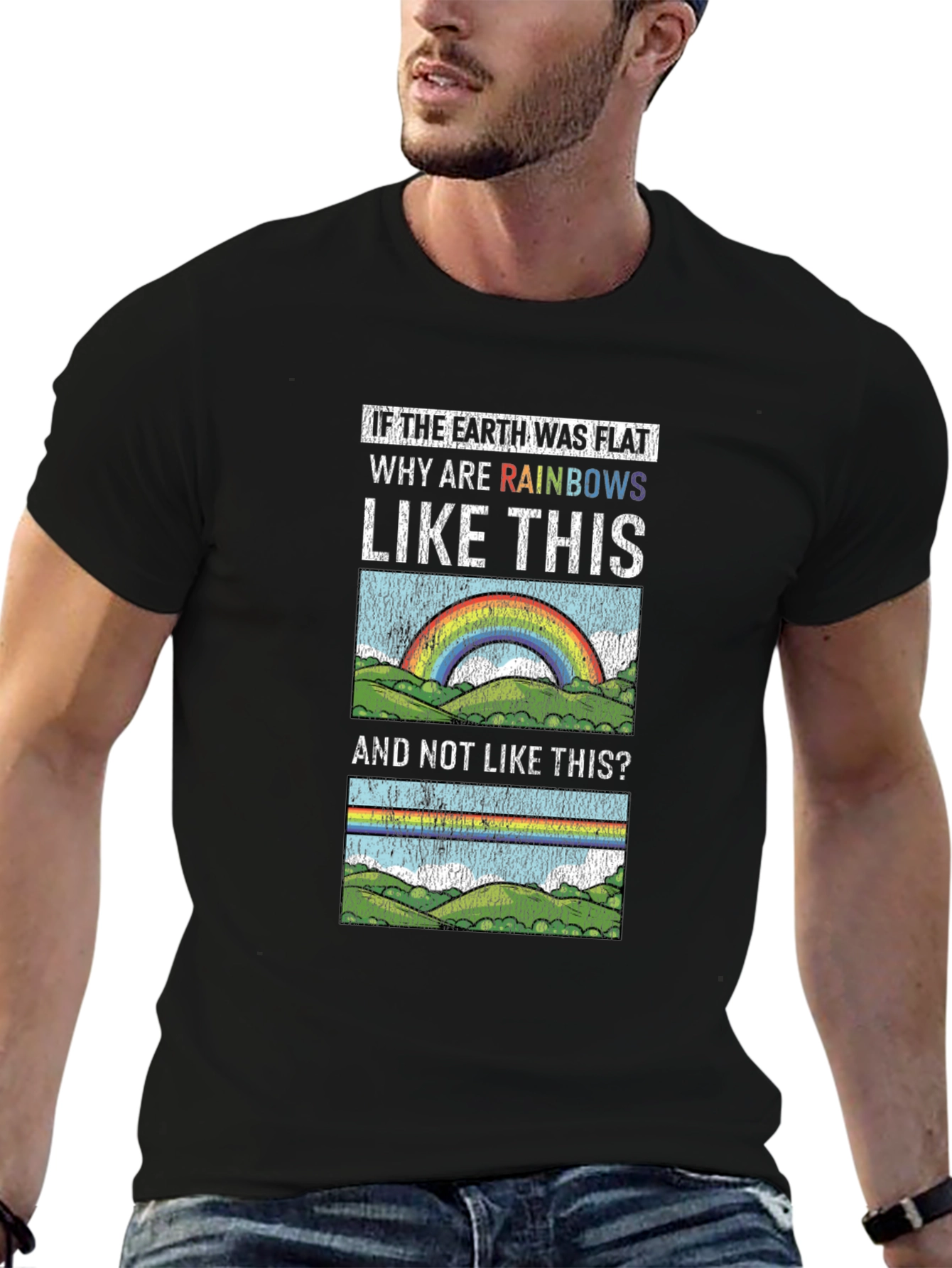 Black Flat Earth Rainbows Graphic T-Shirt view 6