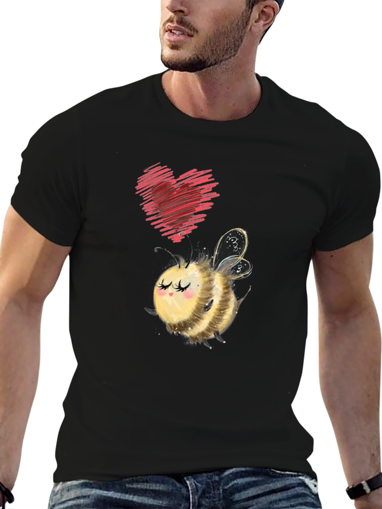 Black Cute Bee & Heart Graphic Black T-Shirt view 6