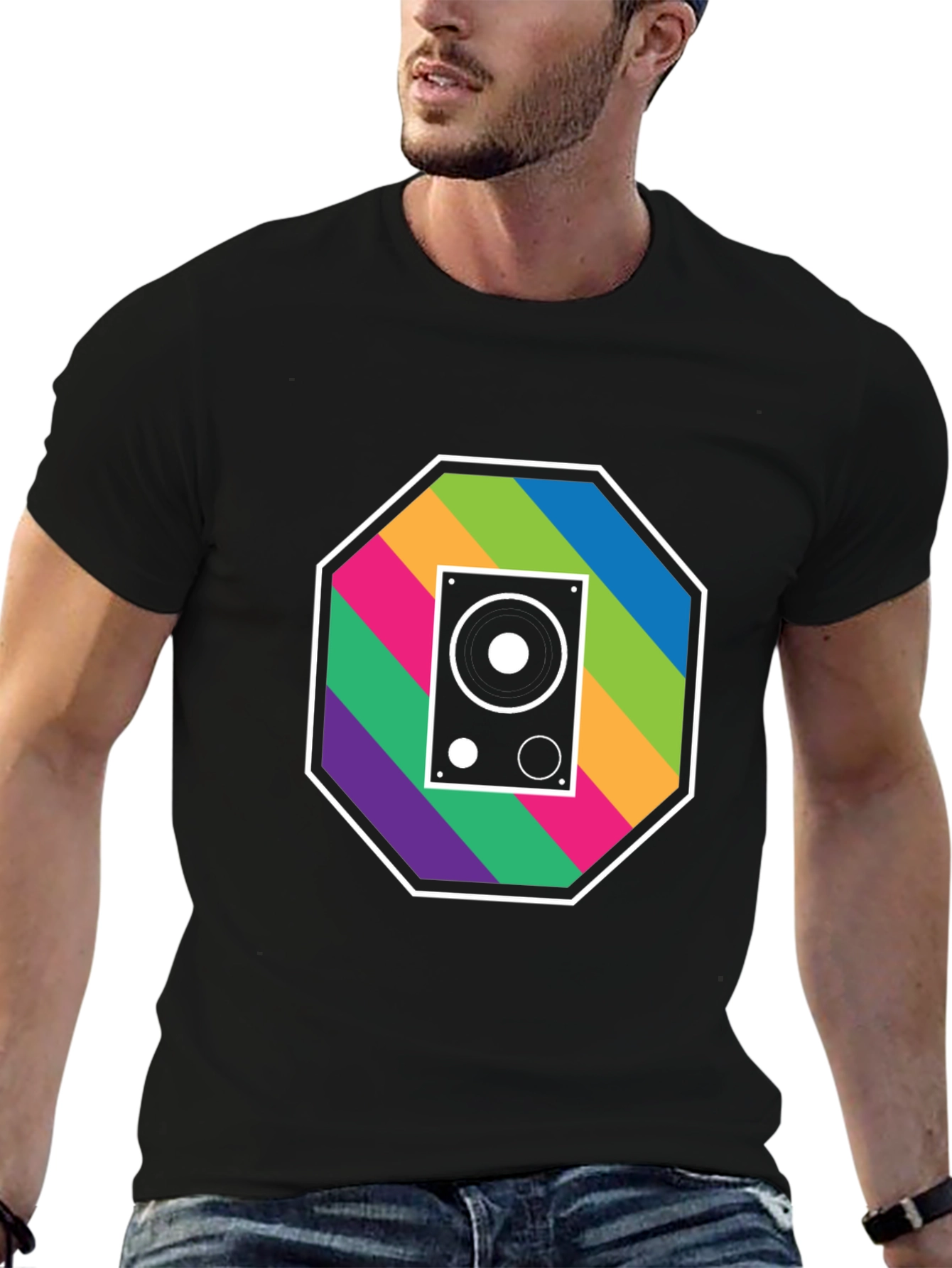 Black Retro Speaker Graphic Tee - Music Lover's T-Shirt view 6