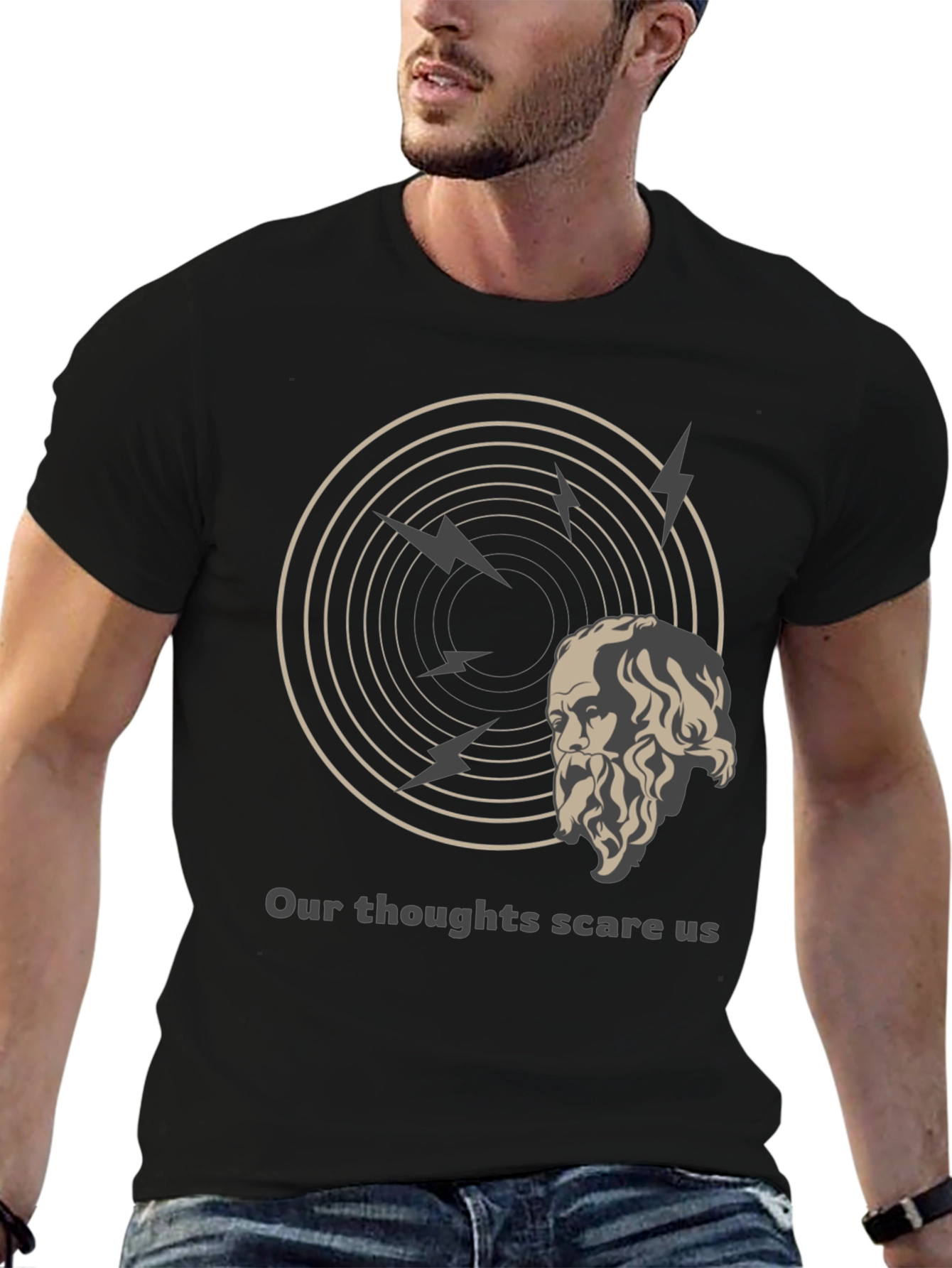 Black Philosophical T-Shirt: Our Thoughts Scare Us Tee view 6