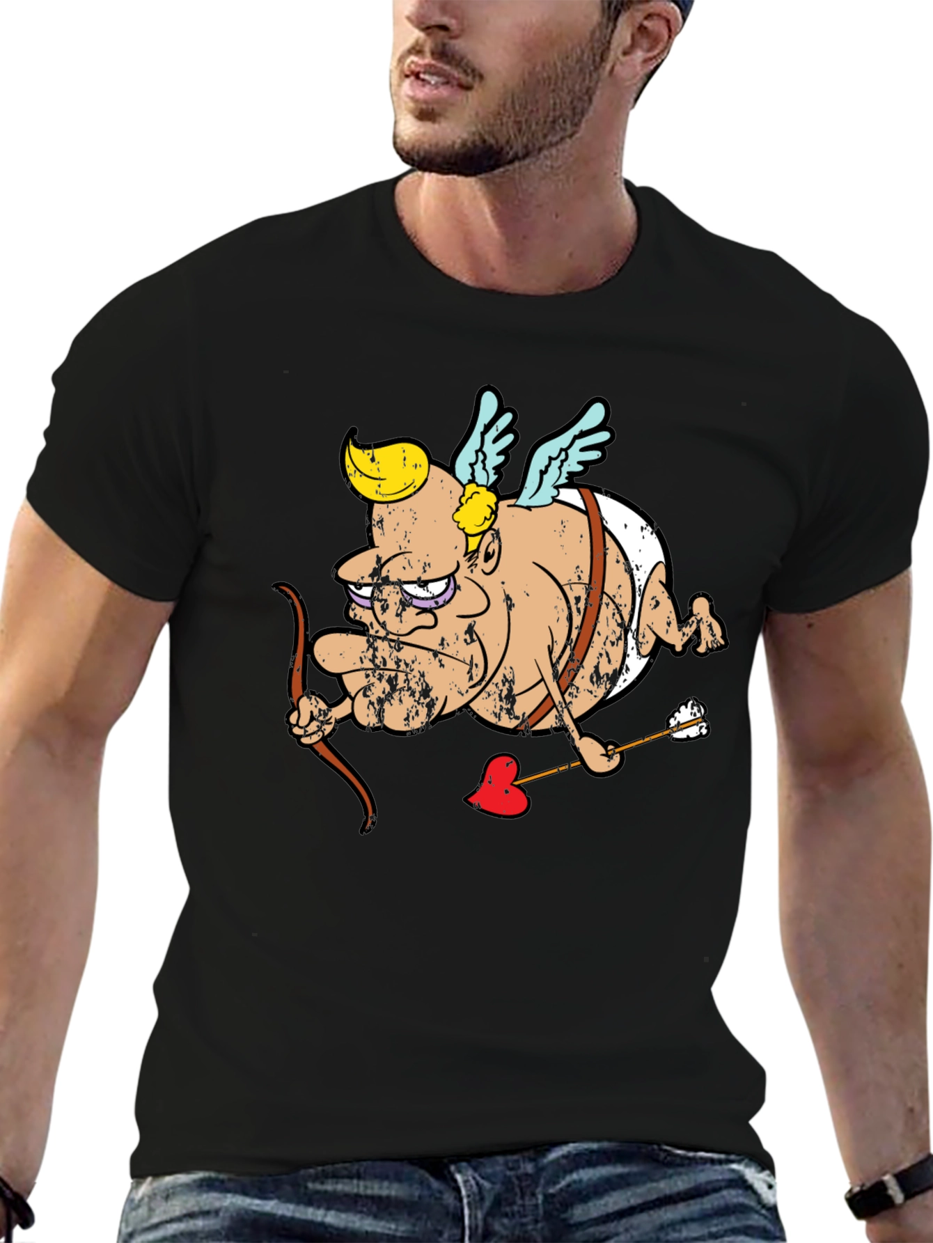 Black Cupid Cartoon Graphic T-Shirt - Black view 6