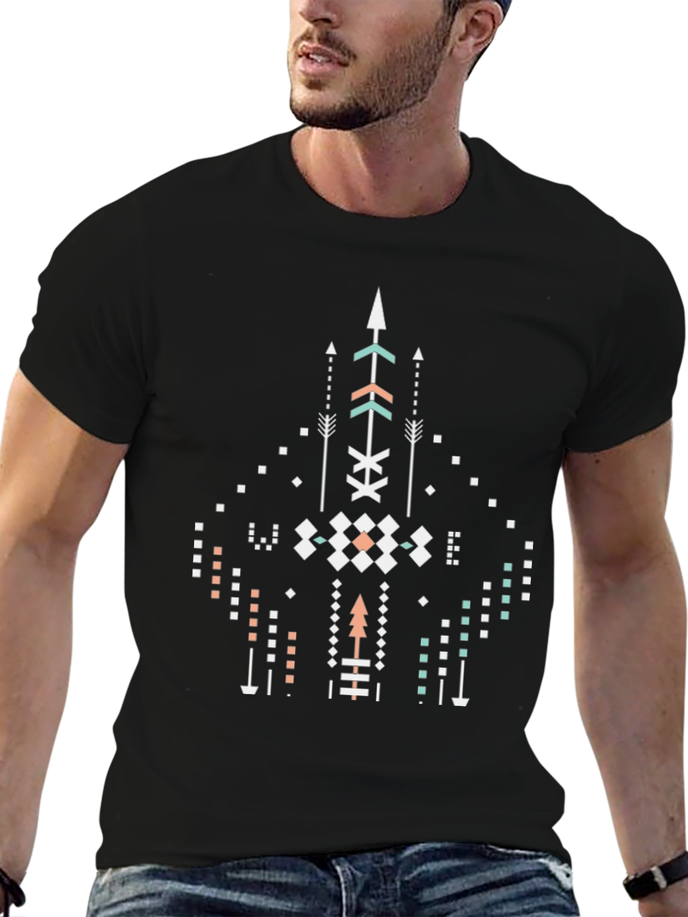 Black Geometric Arrow Design Black T-Shirt view 6