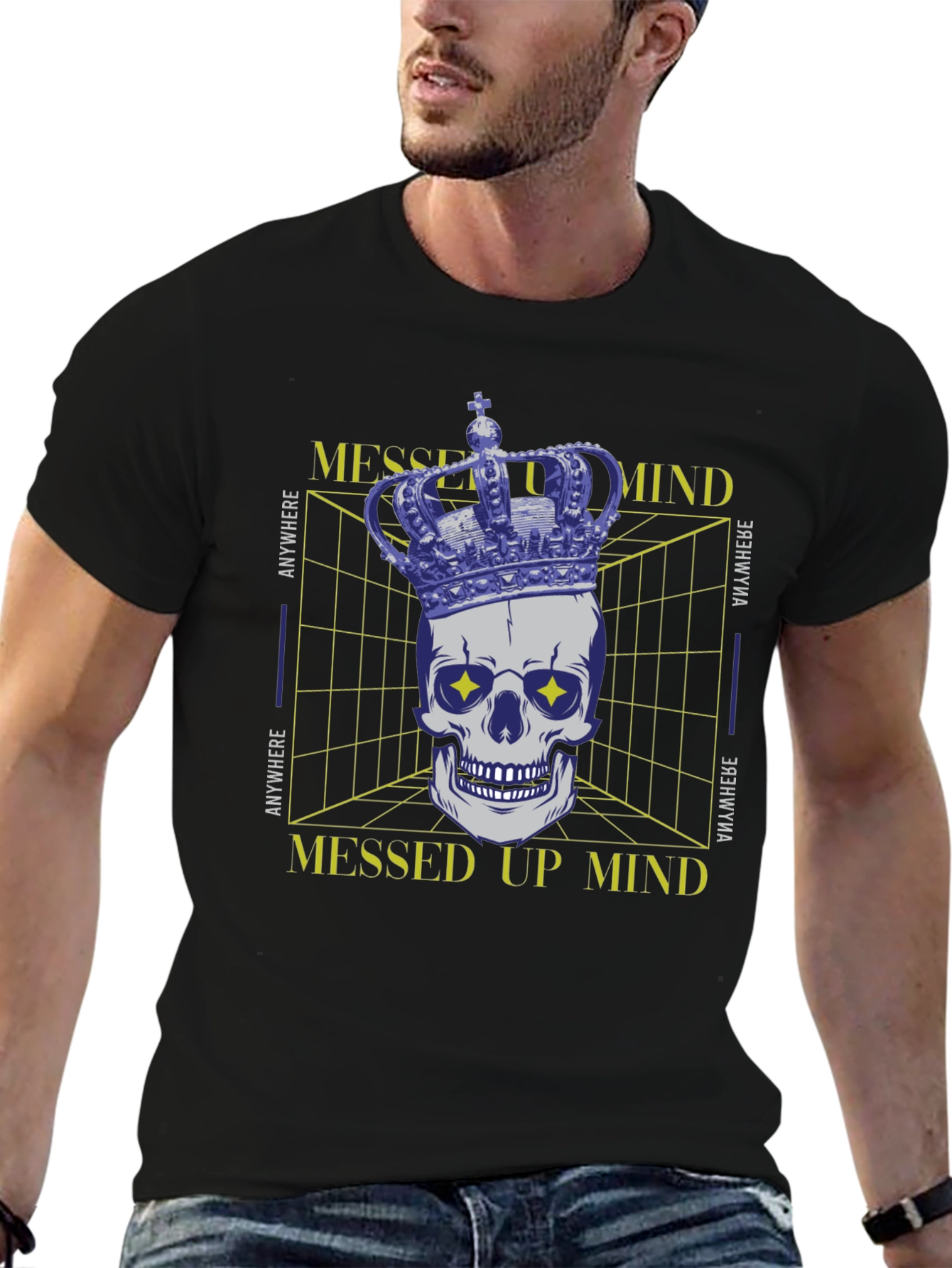 Black Messed Up Mind Graphic T-Shirt - Crown Skull Design view 6