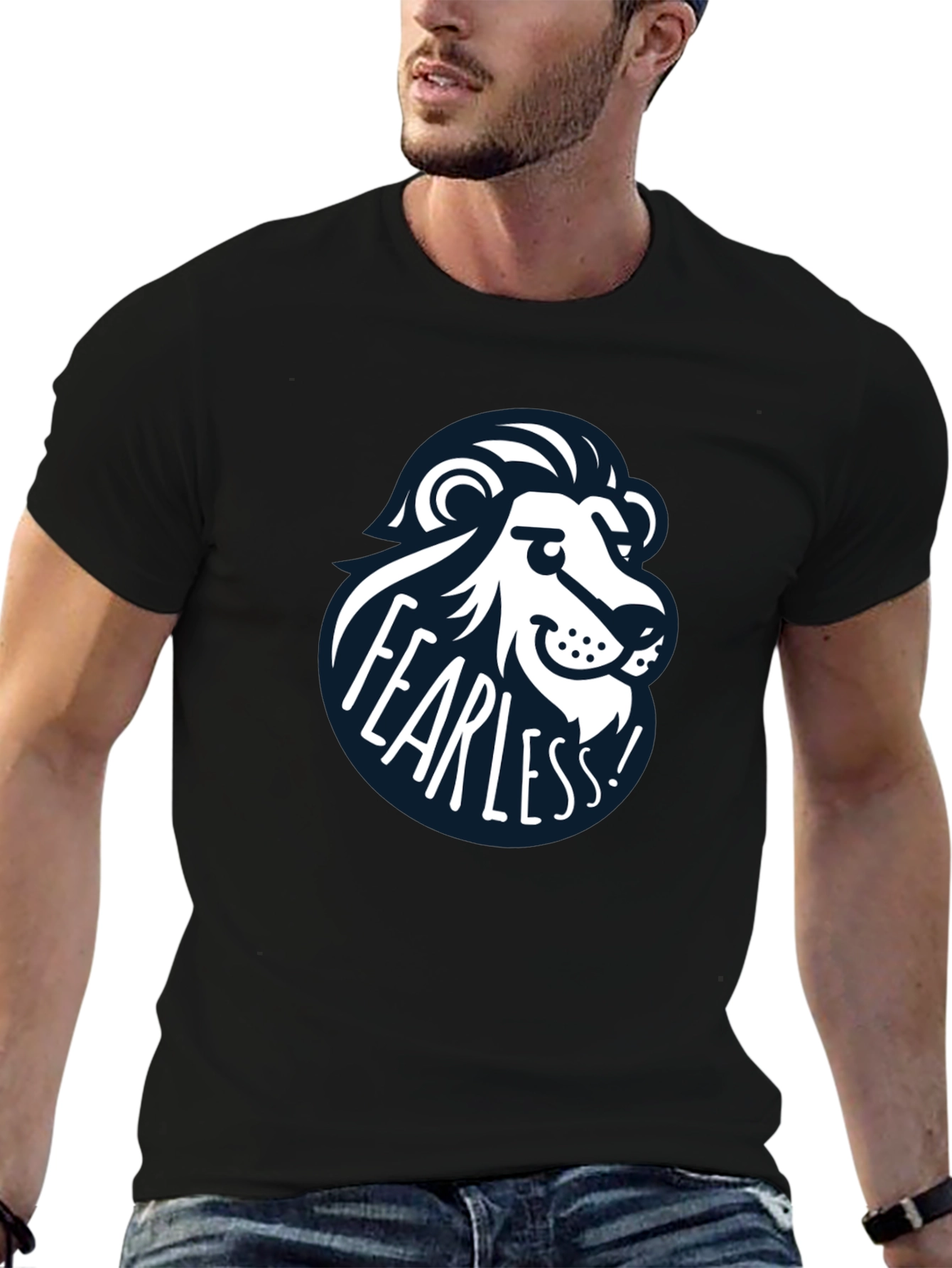 Black Fearless Lion Graphic Tee - Black Cotton T-Shirt view 6