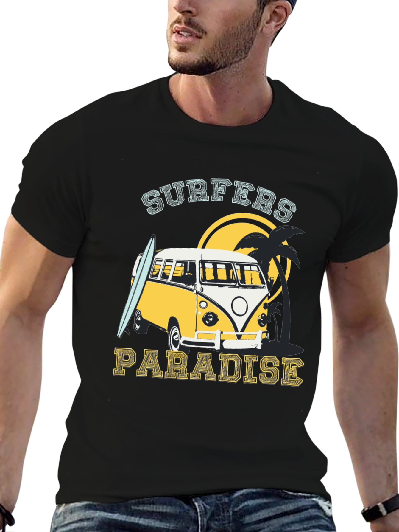 Black Surfers Paradise Tee - Retro Beach Van Design view 6