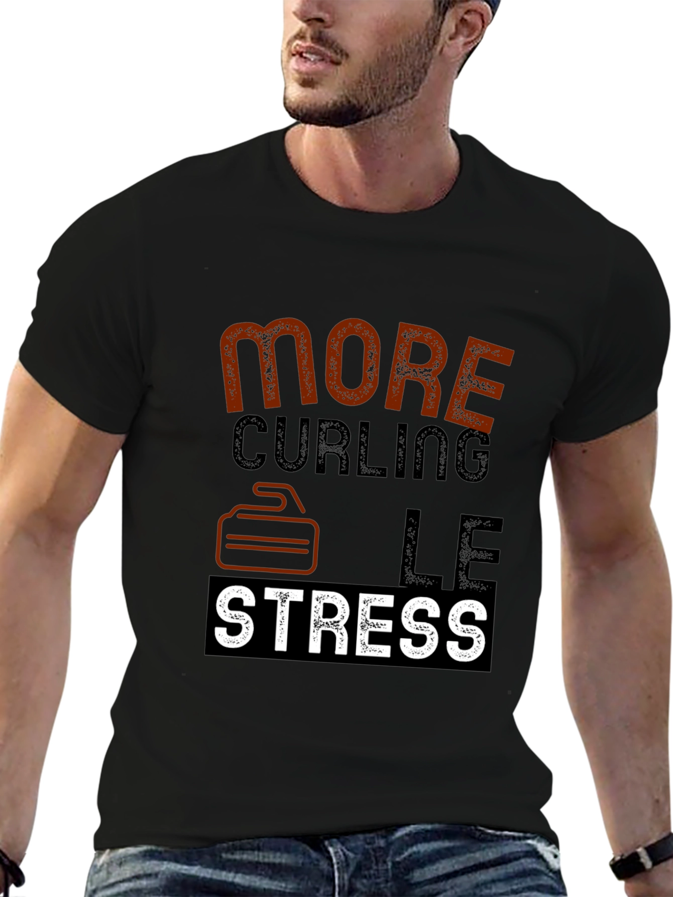 Black Curling T-Shirt - More Curling Less Stress - Novelty Tee view 6