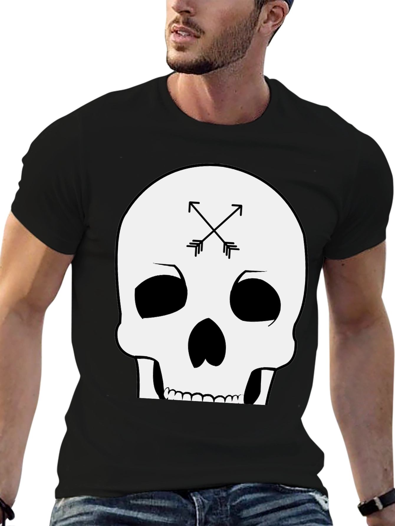 Black Skull & Arrows Graphic Tee - Black Cotton T-Shirt view 6