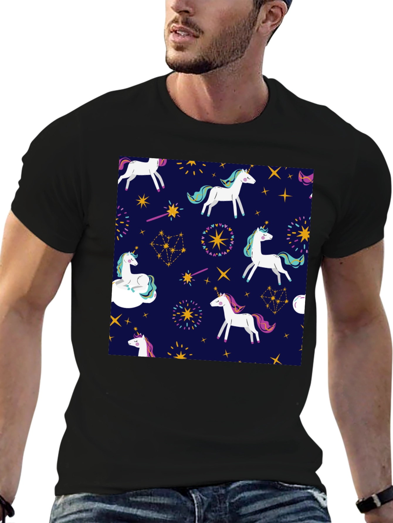 Black Unicorn Pattern Black T-Shirt view 6