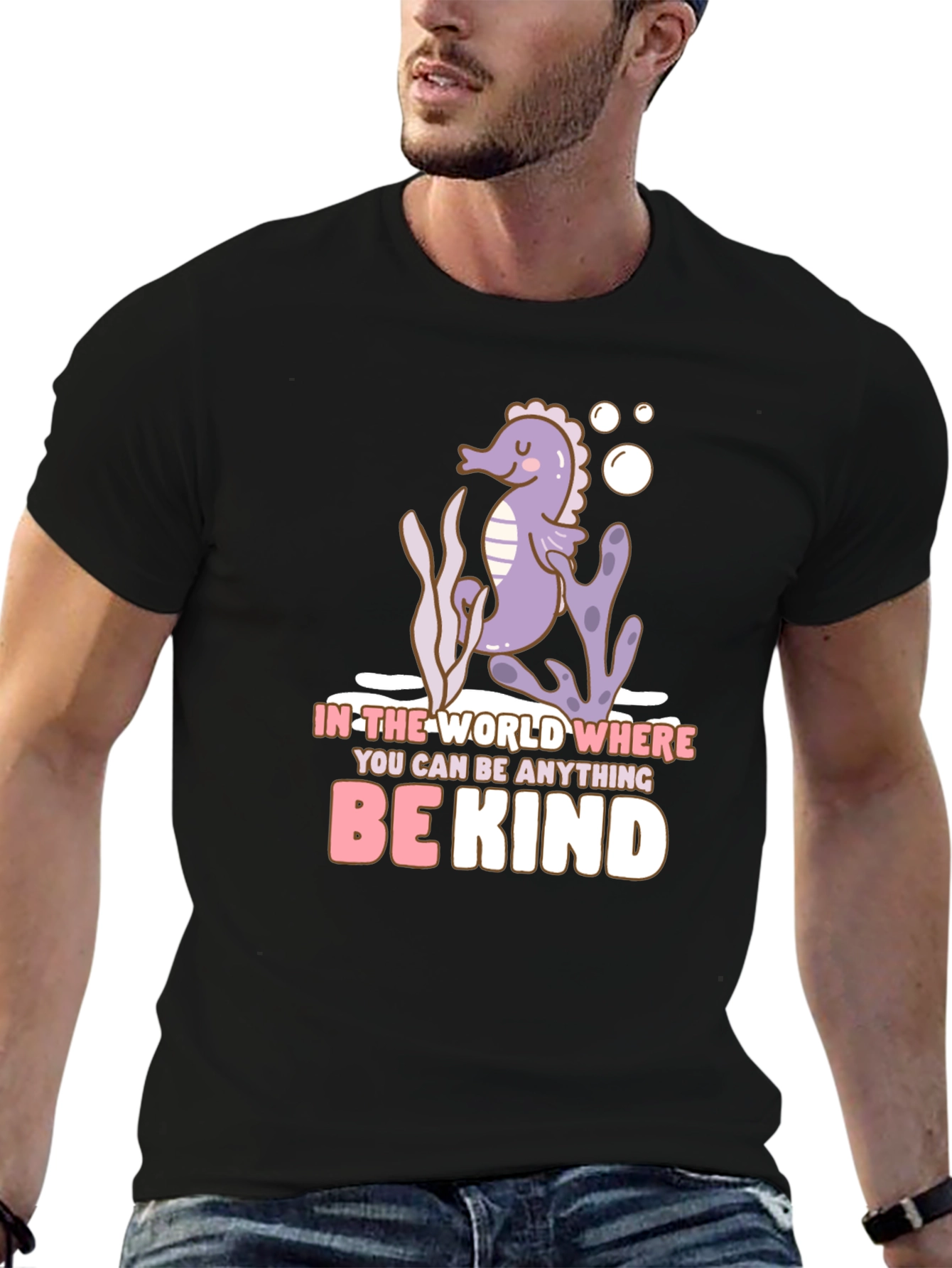 Black Be Kind Seahorse Graphic Tee - Black Cotton T-Shirt view 6